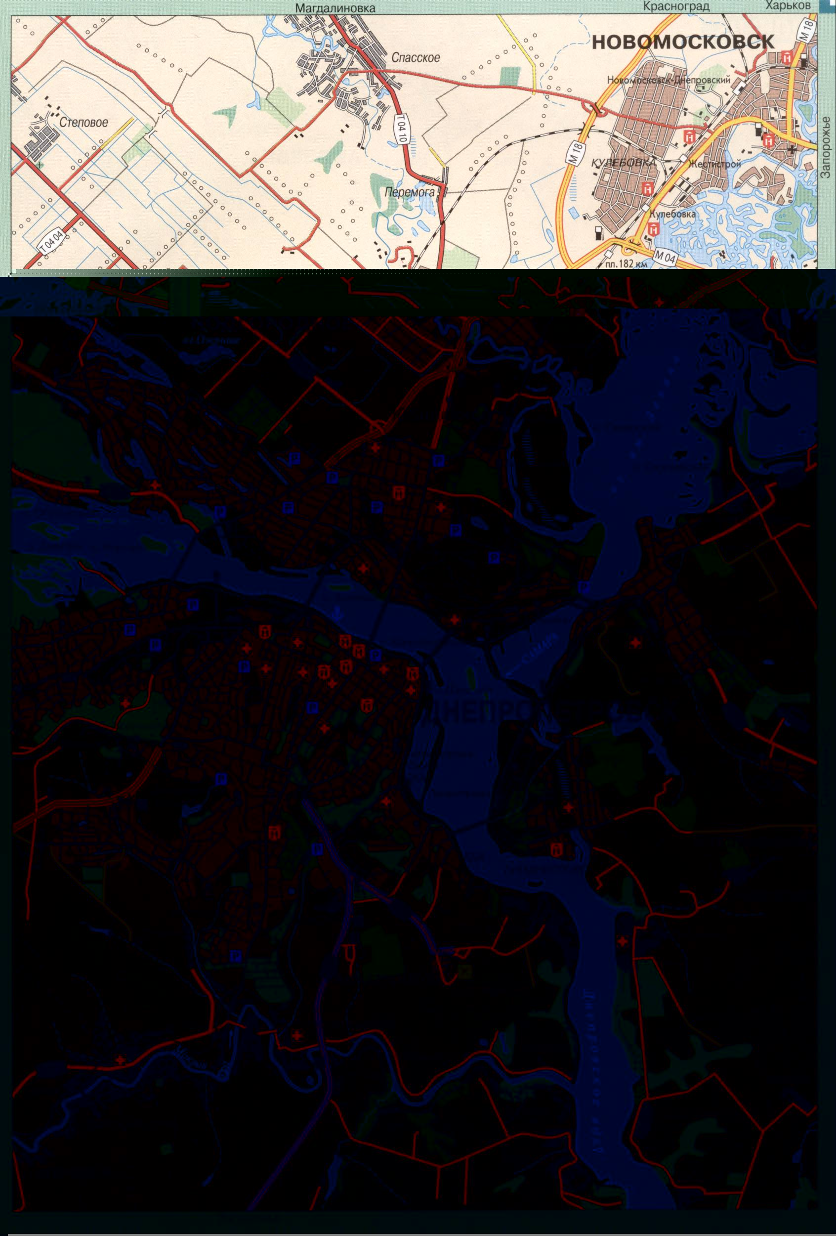 Карта Дніпропетровська. Карта схема проїзду міста Дніпропетровськ (колишній Катеринослав) з передмістями. Завантажити безкоштовно докладну карту, B0