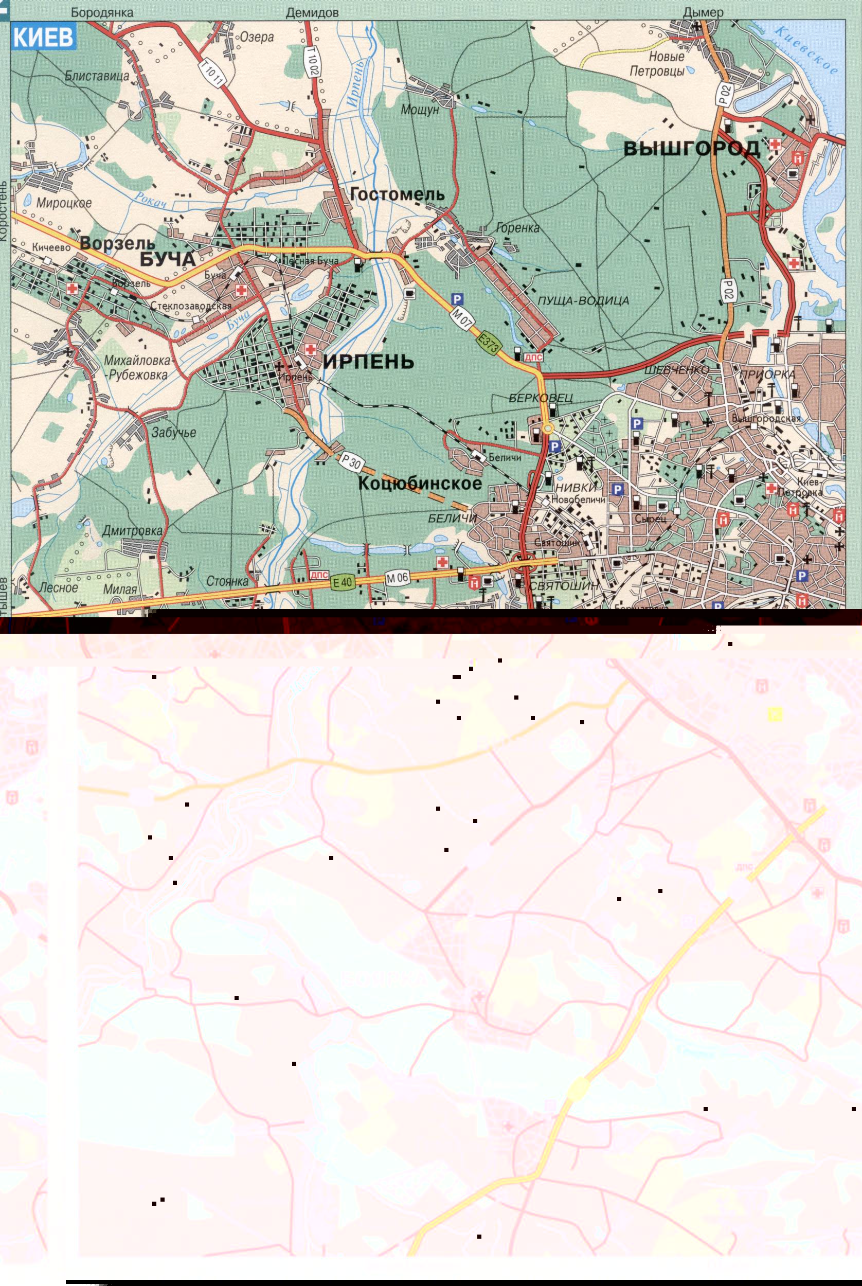 Карта Киева и окрестностей. Столица Украины город Киев, карта автомобильных дорог, схема объезда