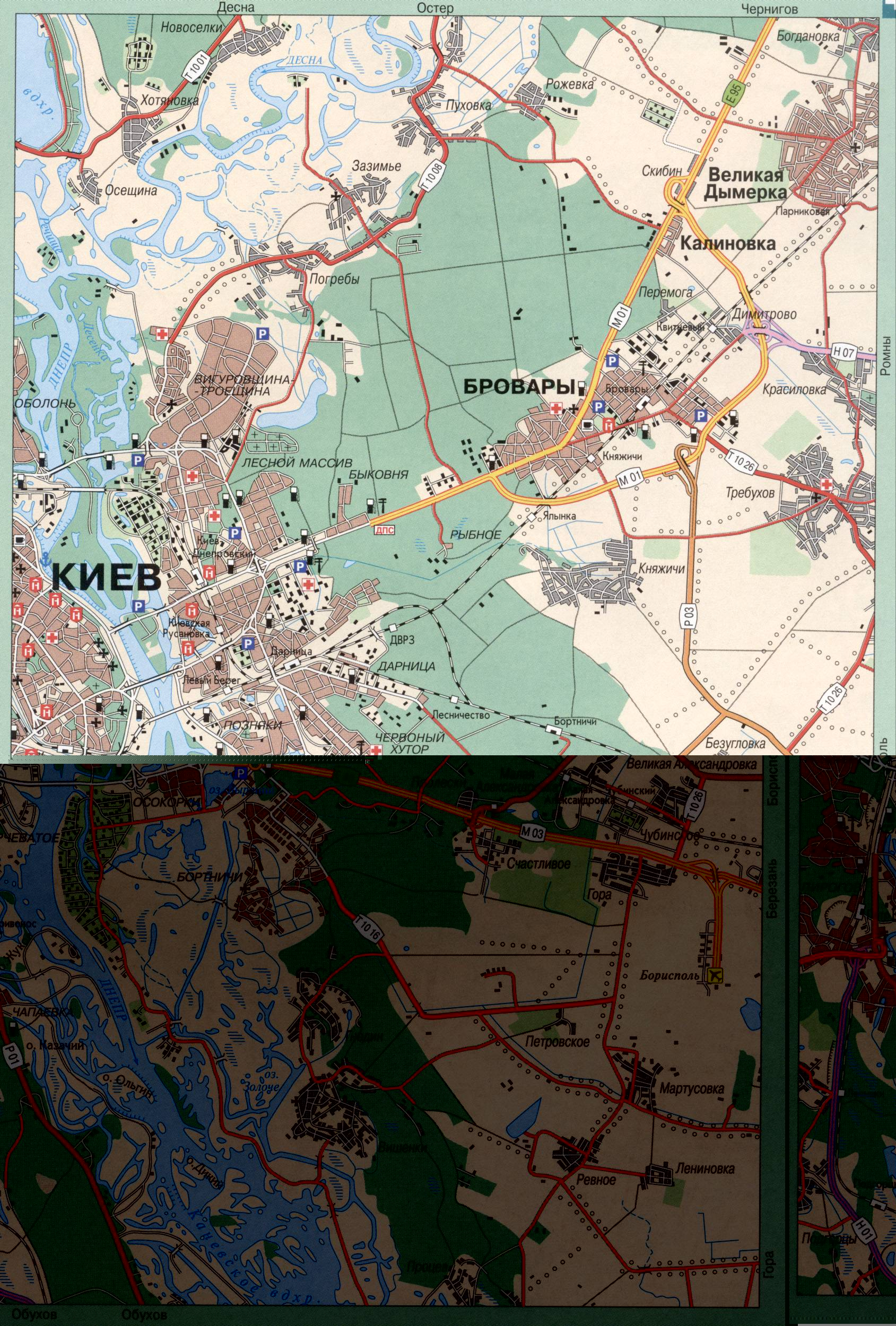 Карта Киева и окрестностей. Столица Украины город Киев, карта автомобильных дорог, схема объезда, B0