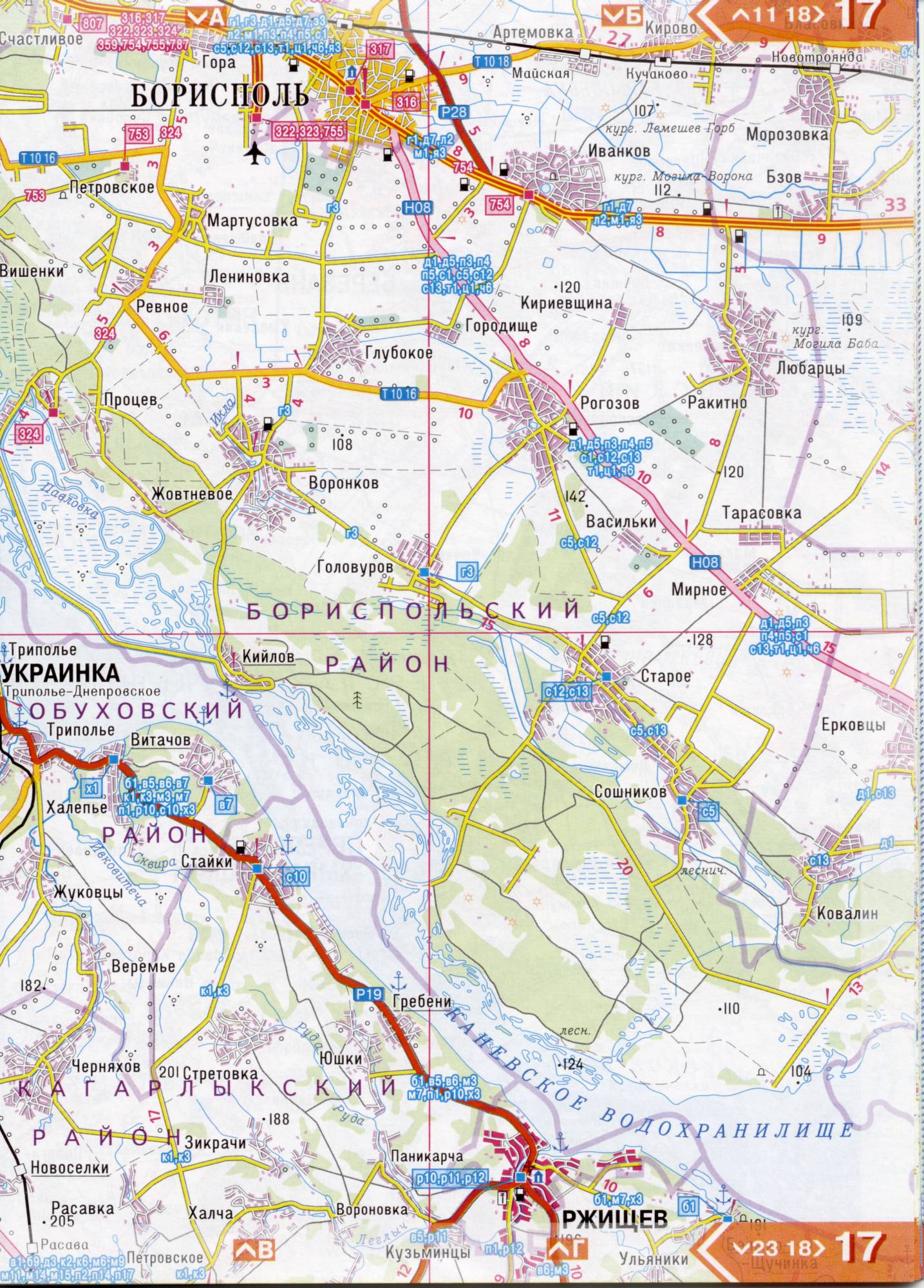Atlas of the Kiev region. Detailed map of the Kiev region from the road atlas. Kiev region on a detailed map of scale 1cm = 3km. Free Download, D3 - Borispol
