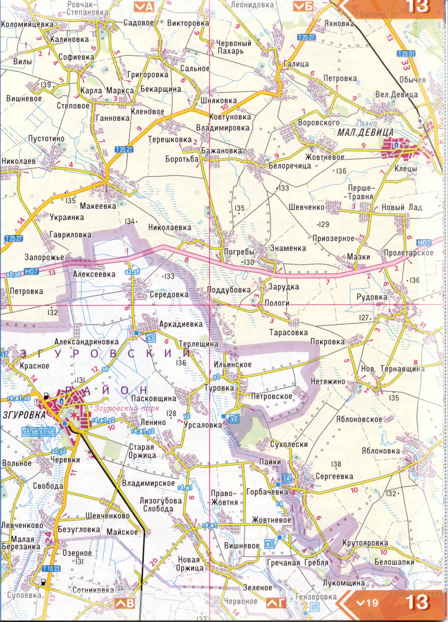 Atlas of the Kiev region. Detailed map of the Kiev region from the road atlas. Kiev region on a detailed map of scale 1cm = 3km. Free Download, F2
