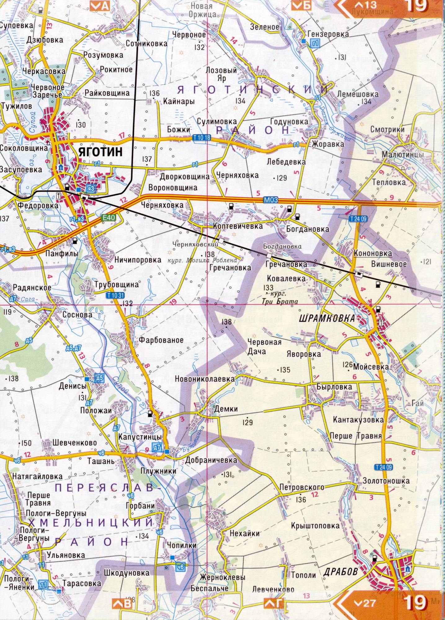 Atlas von der Region Kiew. Eine detaillierte Karte der Region Kiew von dem Atlas von Autobahnen. Kiewer Gebiet auf einer detaillierten Karte Maßstab 1cm = 3km. Frei, F3 - Yahotyn