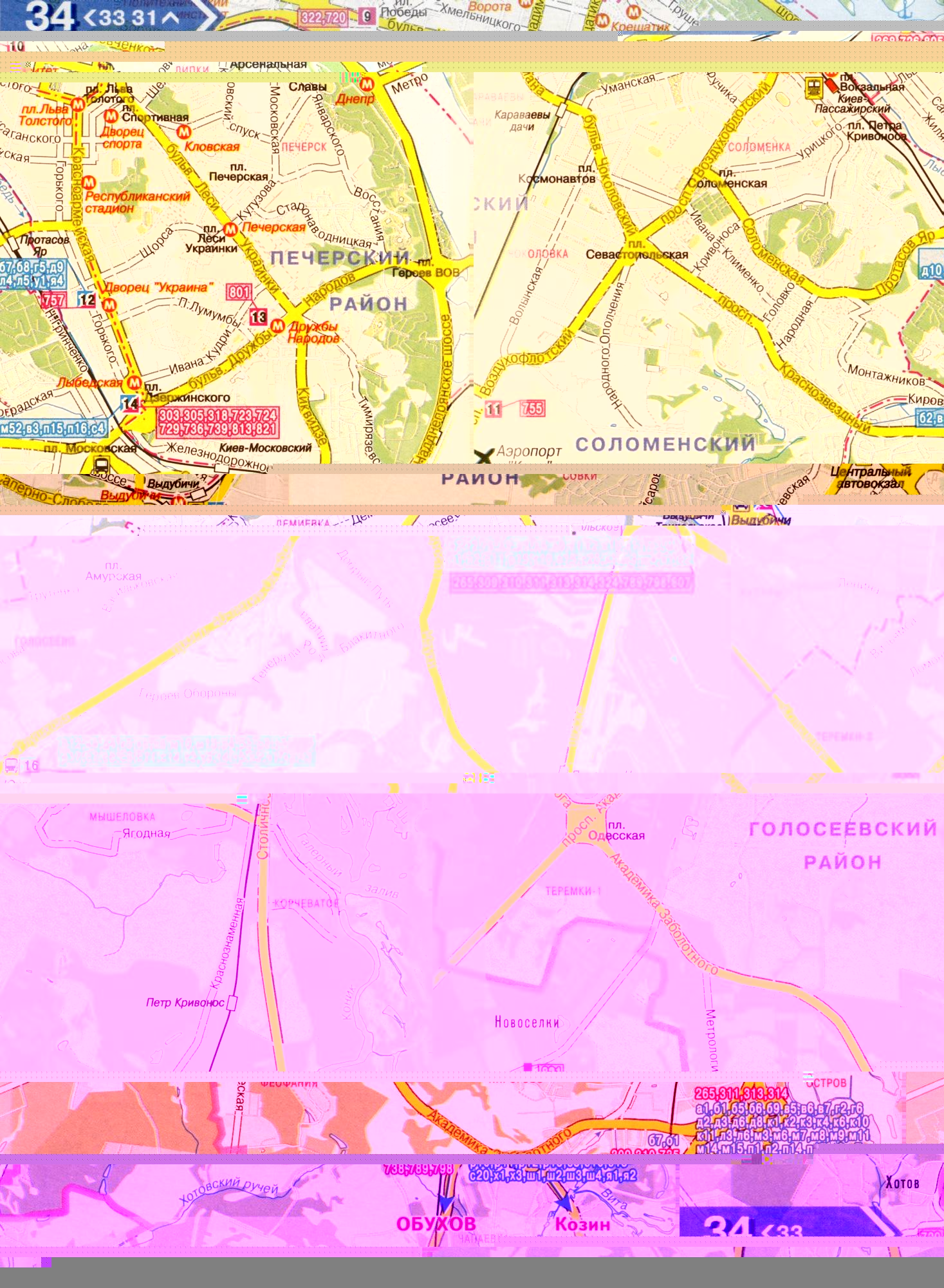 Karte von Kiew 1cm-800m auf 6 Seiten - die Hauptstraßen der Stadt und Umgebung. Fahren Vorortverkehr Kiew. Kostenlos herunterladen