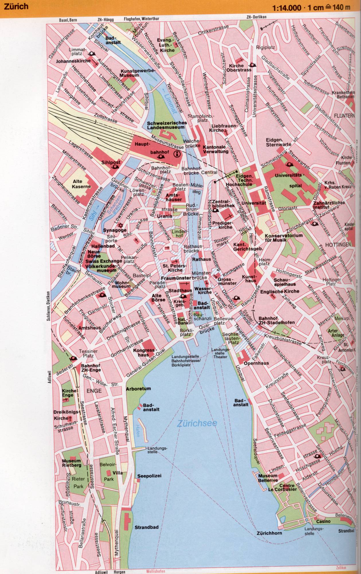 Карта Цюриха Швейцария 1см=140м Map of Zurich Z&uumlrich