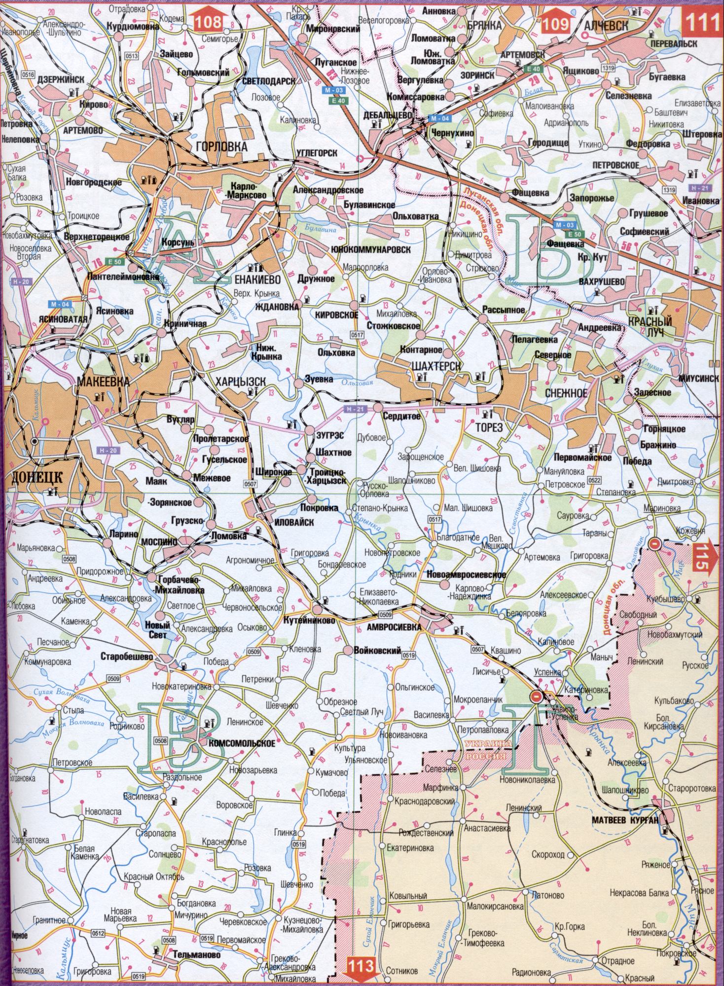 Carte de la région de Donetsk de l'Ukraine 1cm = 5km (routes - région de Donetsk, le centre régional de Donetsk). Télécharger une carte détaillée des routes Grekov-Aleksandrovka, Grekov, Timothy, Starorotovka, Mokroelanchik