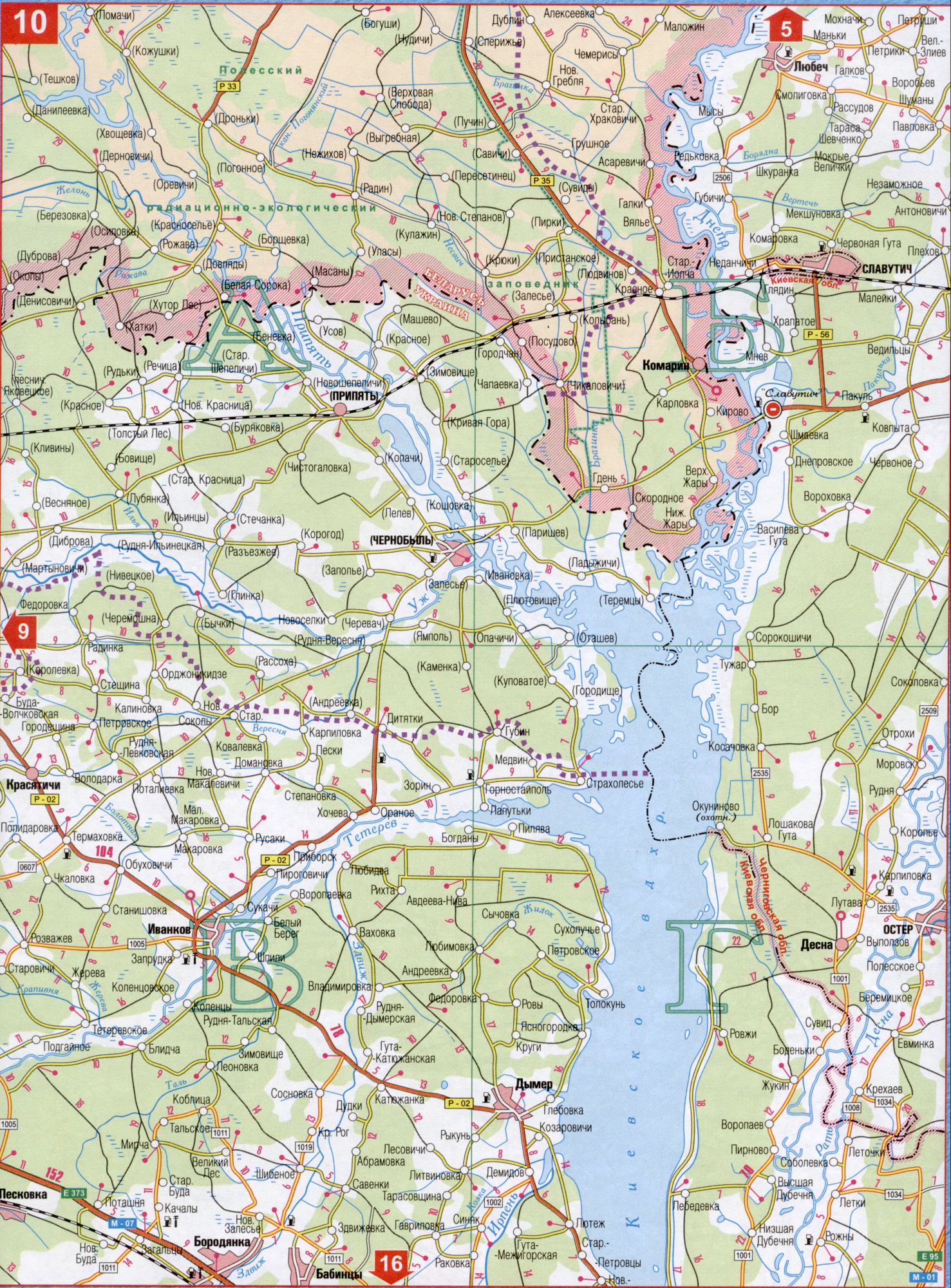Karte der Region Kiew. Detaillierte Karte von Autobahnen Region Kiew Maßstab 1cm: 5km. Laden Sie die Karte von Kiew oblChemerisy, Alt-Buda, Oster, Gums