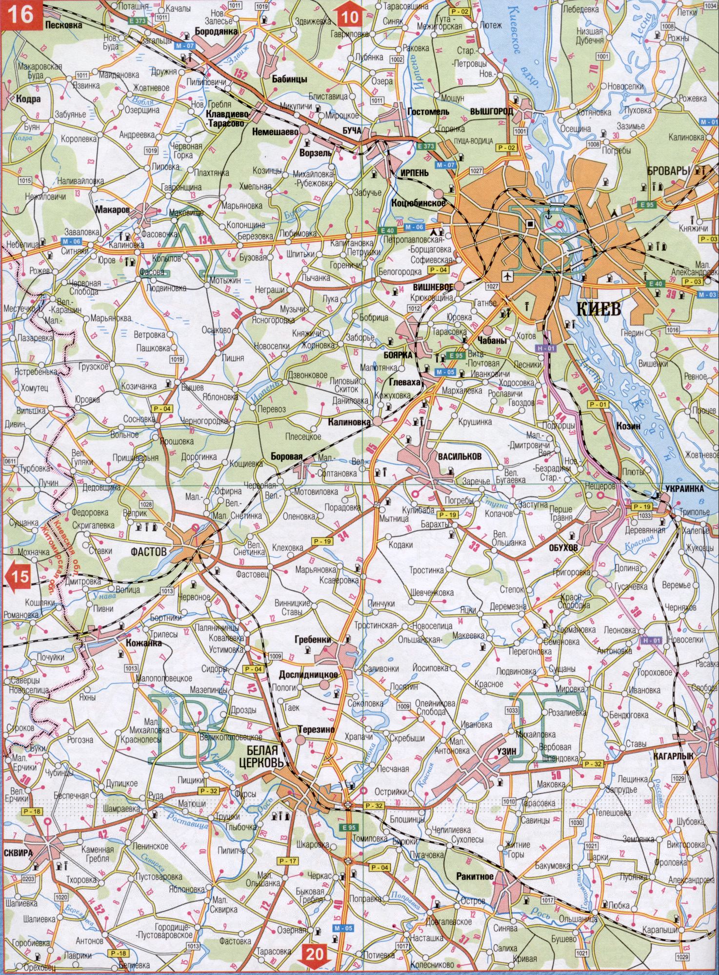 Karte der Region Kiew. Detaillierte Karte von Autobahnen Region Kiew Maßstab 1cm: 5km. Laden Sie die Karte von der Region Kiew, die A1 - Wabl, Nalivaylovka, Cherkas, Ros, Blauer Fleck, Lubjanka