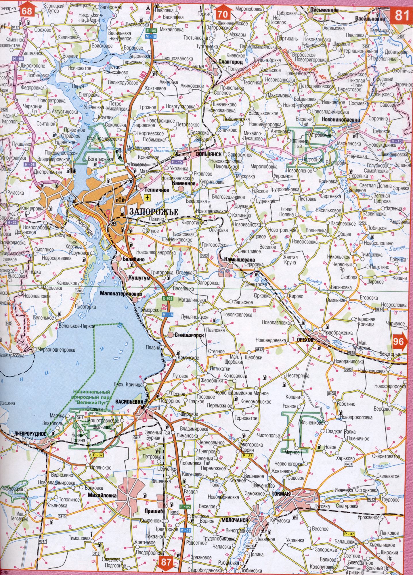 Karte von Zaporozhye Region der Ukraine. Karte von Straßen Ukraine, Region Saporoshje. Laden Sie eine detaillierte Karte von Wet Moskovka, Bandurka, Ober Ters