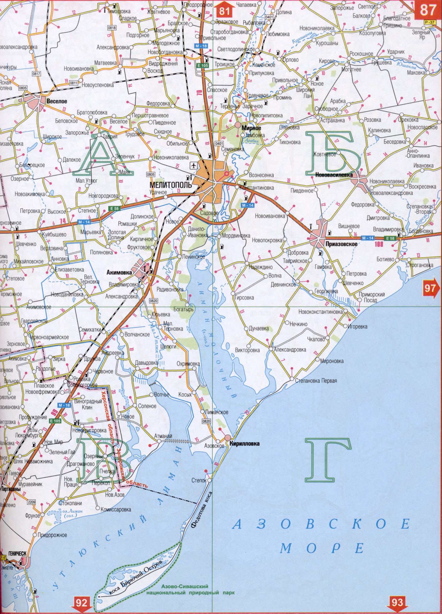 Map of the Zaporozhye region of Ukraine. Map of highways Zaporozhye region Ukraine. Download for free detailed map, A1 - Yushanly, Small Utluk, Korsak, Molochnaya River.