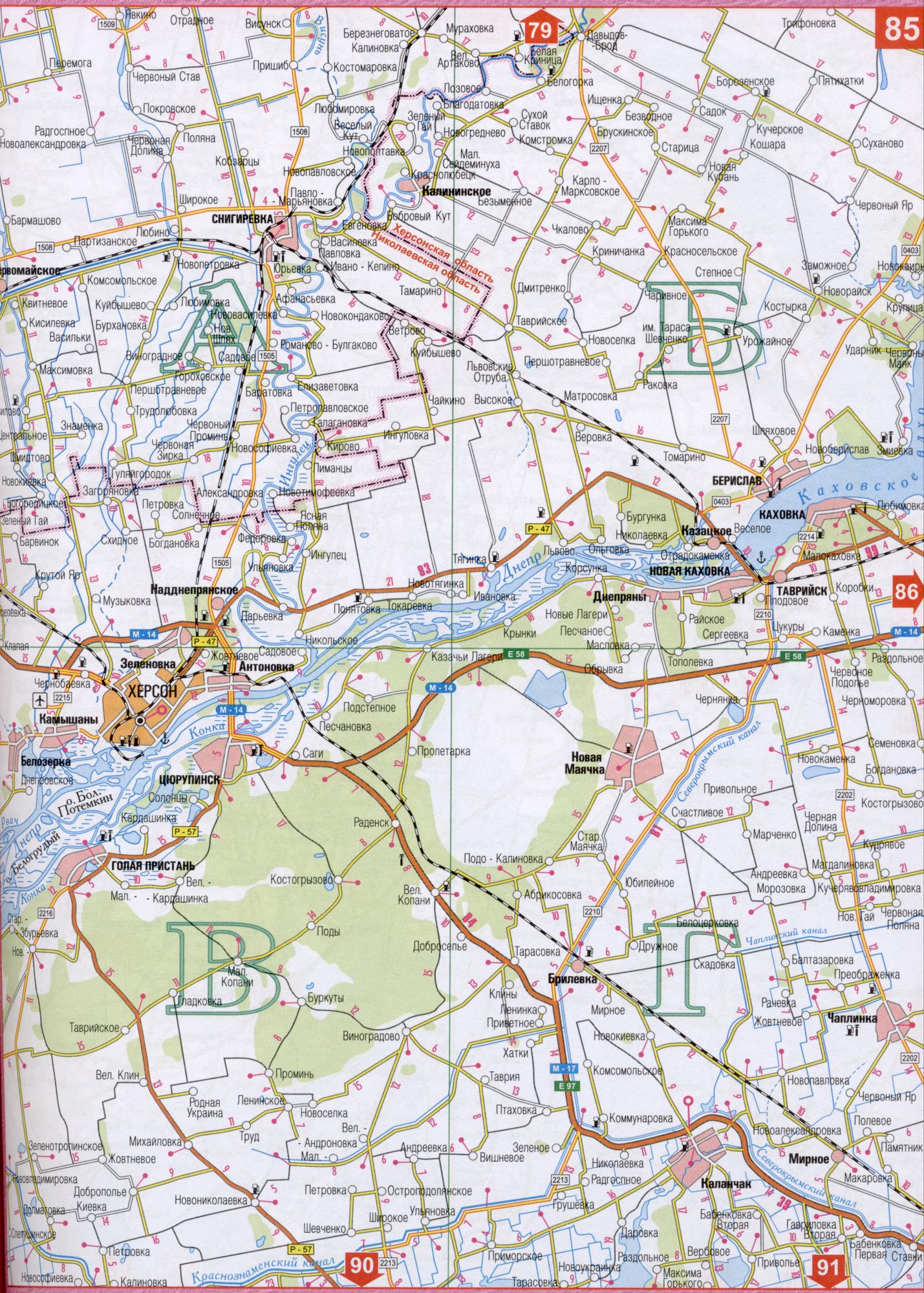 Карта Херсонської області Україна (обласний центр м.Херсон). Завантажити безкоштовно докладну карту автомобільних доріг