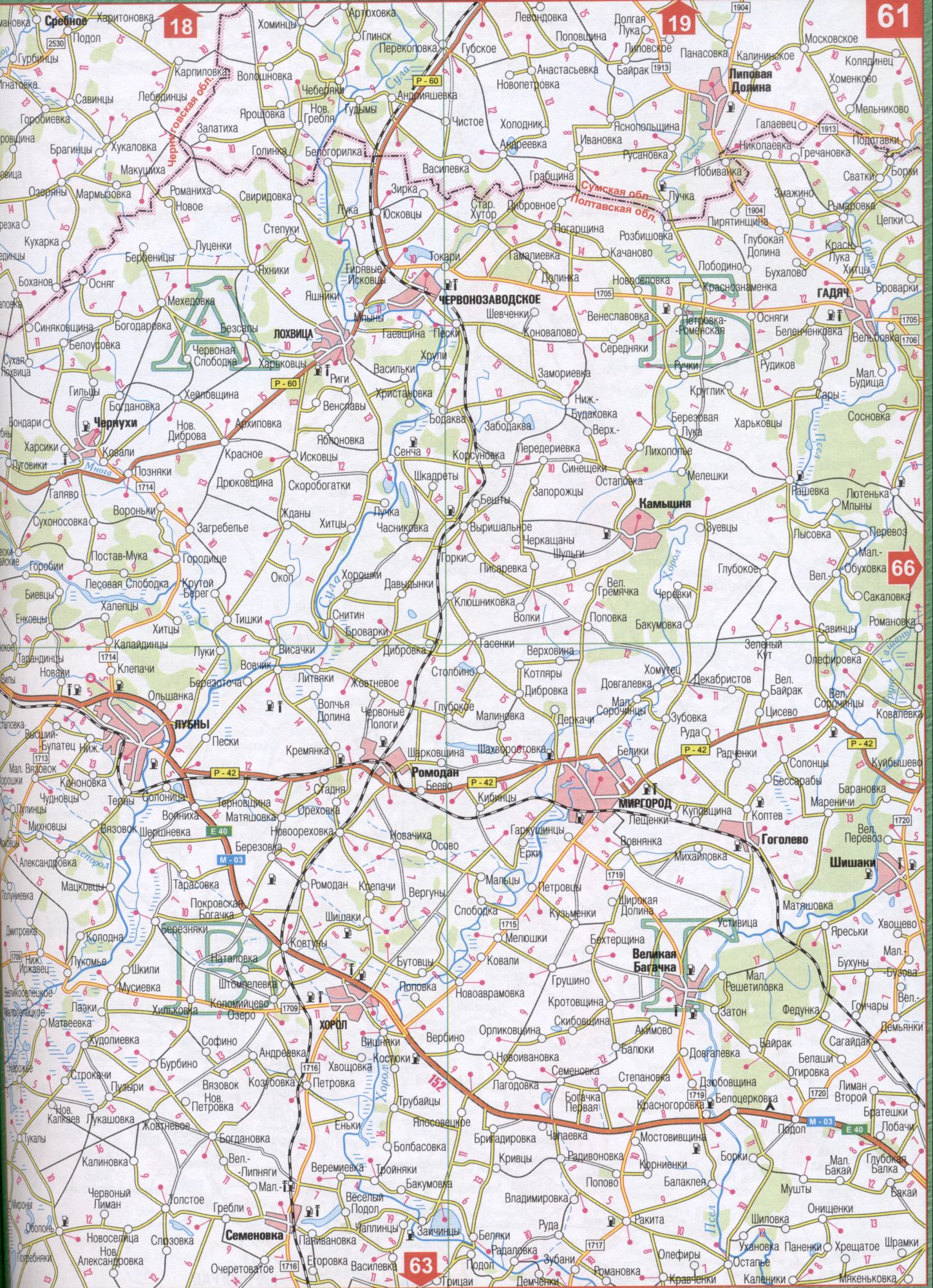 Карта Полтавской области Украины (областной центр г.Полтава). Скачать бесплатно подробную карту Грунь-Ташань, Удай, Многа