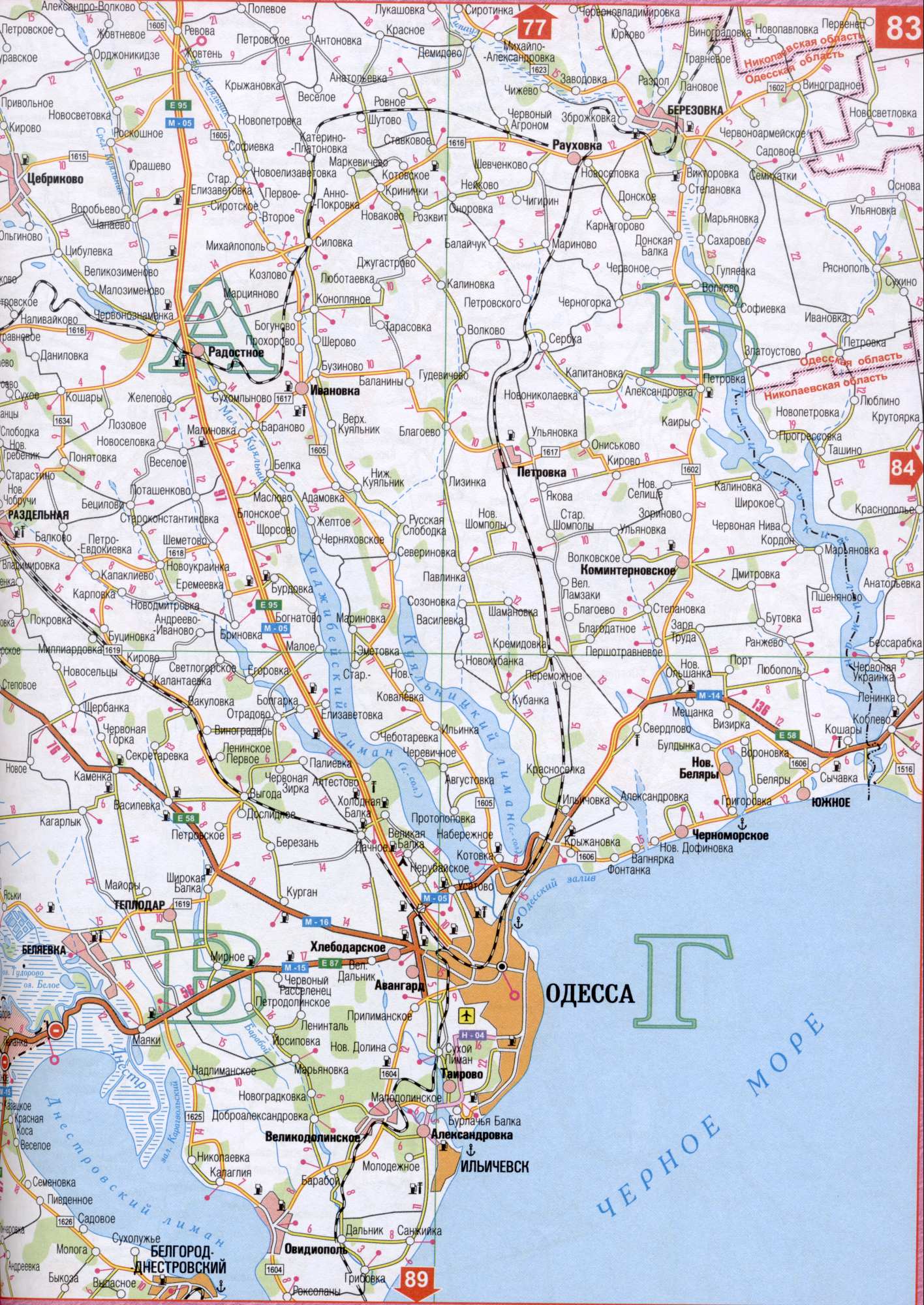 Map of the Odessa region of scale 1cm = 5km (Ukraine, the regional center of Odessa, map of highways). Download for free