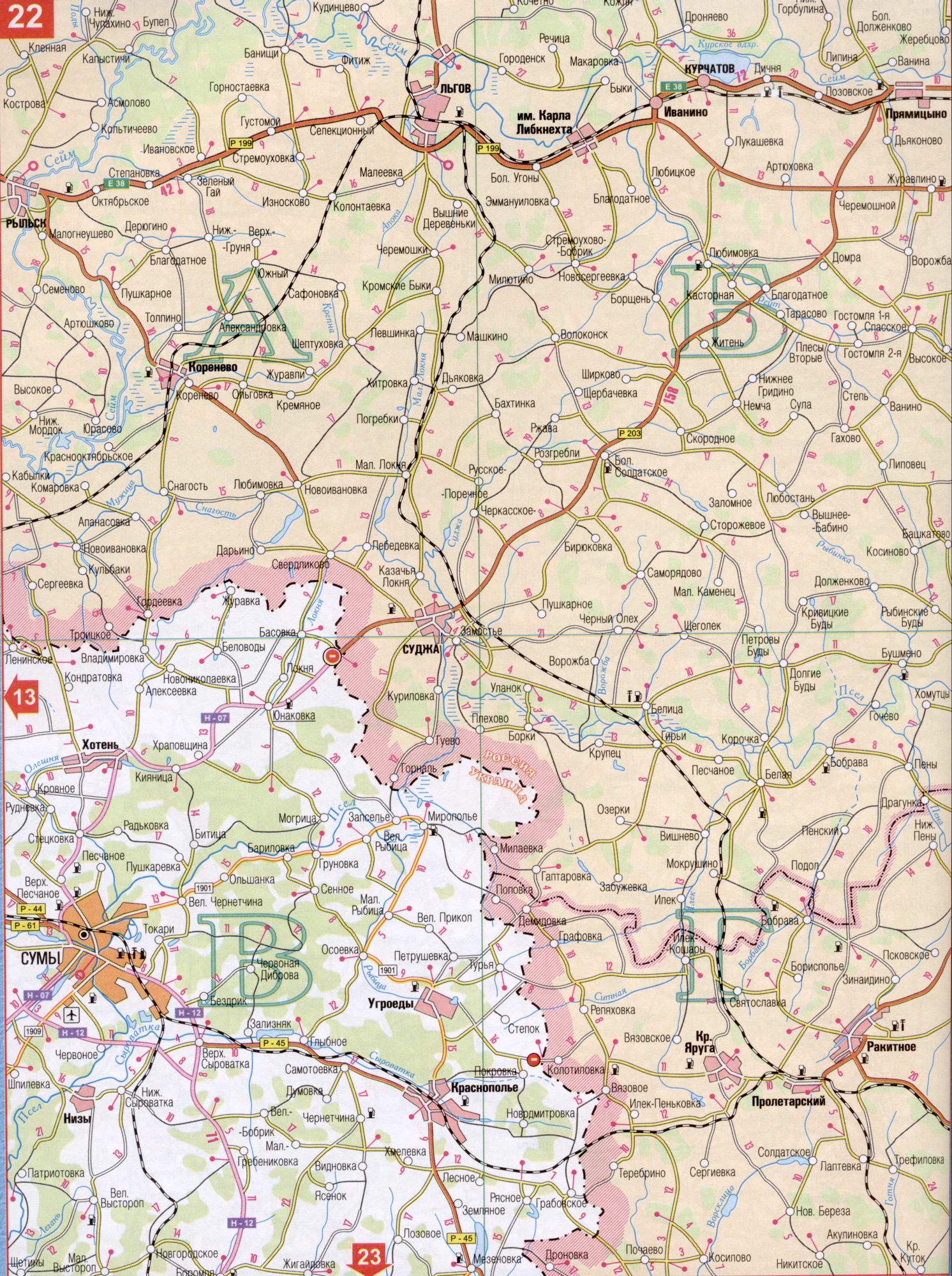 Karte von Sumy in der Ukraine (Sumy Regionalzentrum). Laden Sie eine detaillierte Karte von Straßen, B0 - r.Vorozhba, Psel, Reut