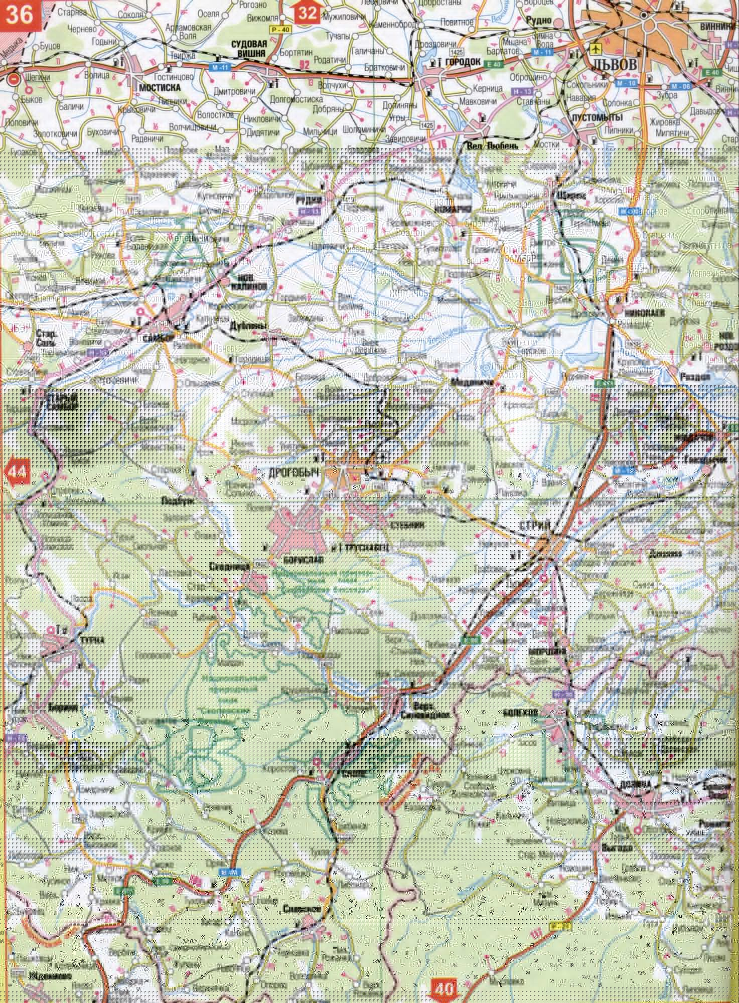 Carte de la région de Lviv de l'Ukraine (centre régional de Lviv). Télécharger une carte détaillée des routes, l'A1 - Sivka, Nezhuhovka.