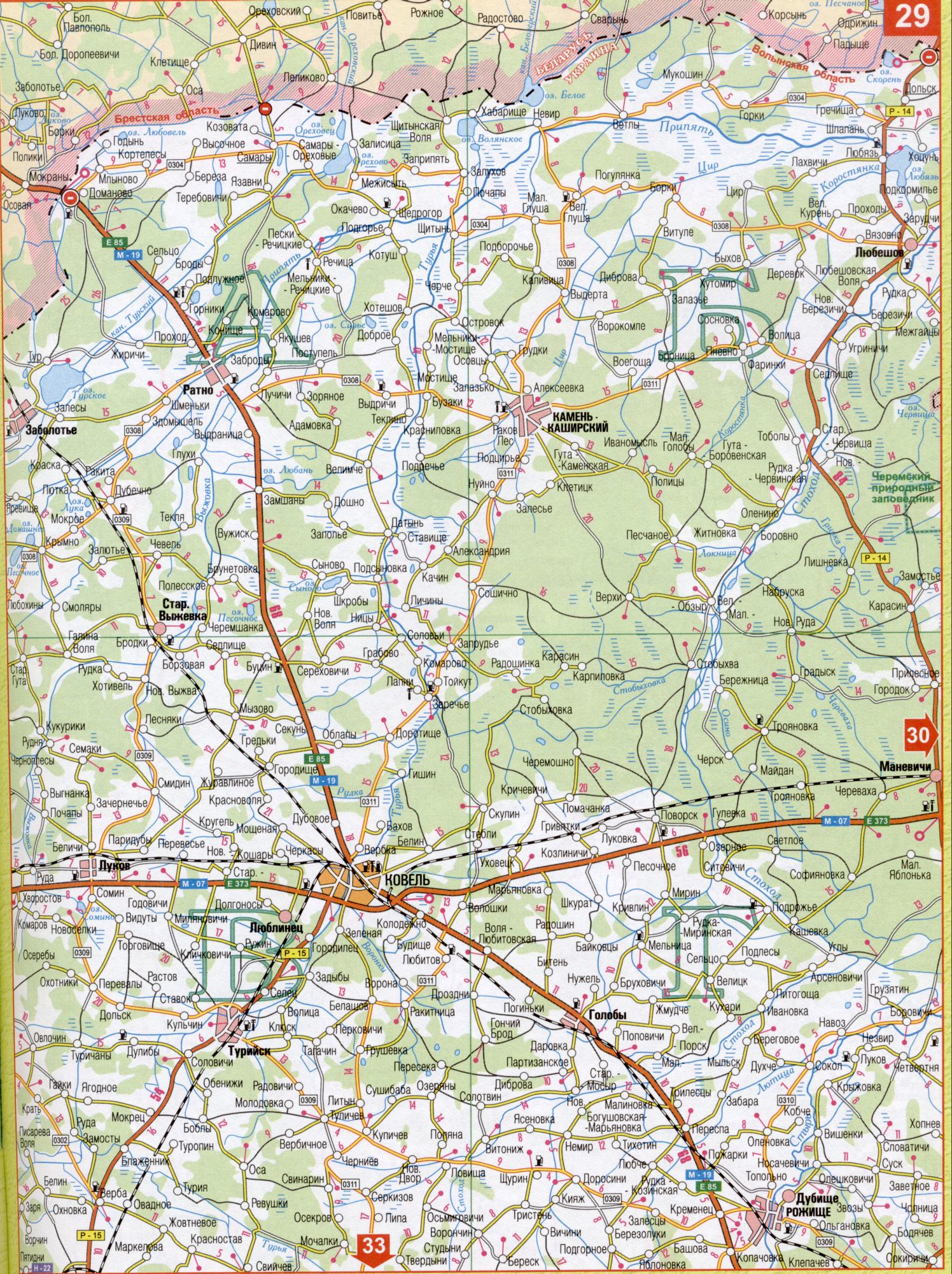 Карта Волынской области Украины масштаба 1см - 5км. Подробная карта авто дорог - Волынская область. Скачать бесплатно , B0