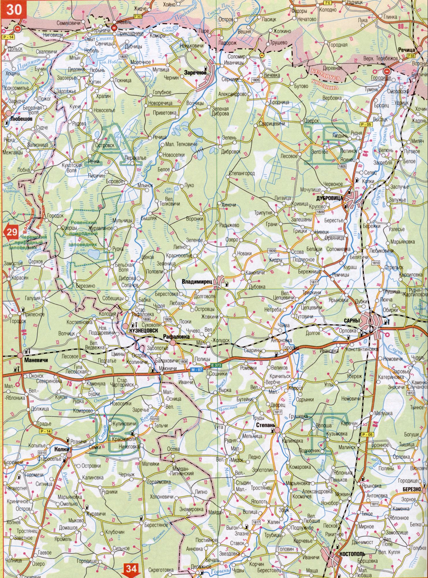 Karte von Ukraine Region Wolhynien Maßstab 1cm - 5km. Detaillierte Karte von Straßen - Volyn Region. Frei, C0 - Manevichi, Sarni geschah Gorin, Styr, Rechitsa, Rotten Pripyat