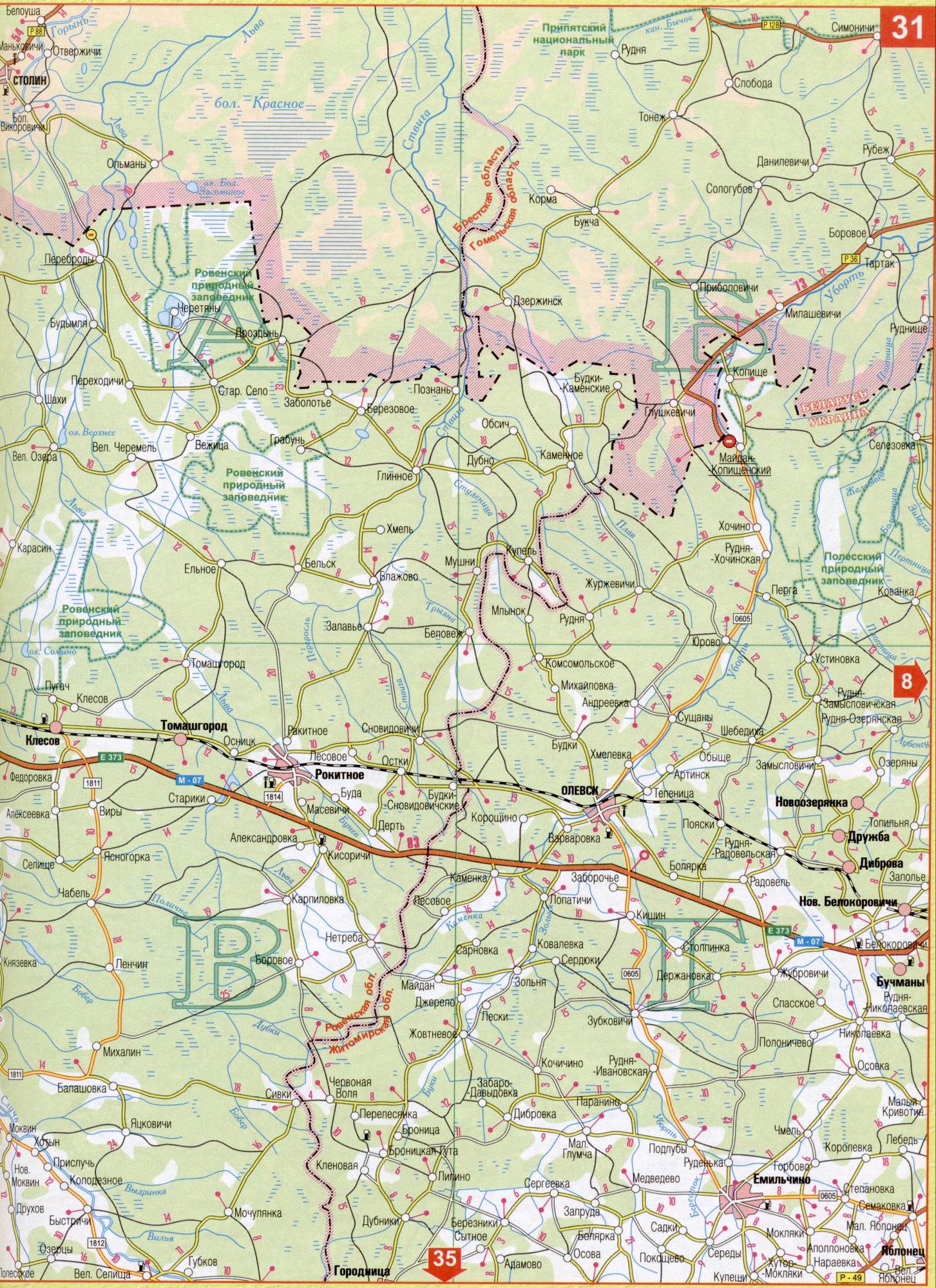 Map of Ukraine Volyn region scale 1cm - 5km. Detailed map of roads - Volyn region. Free, D0