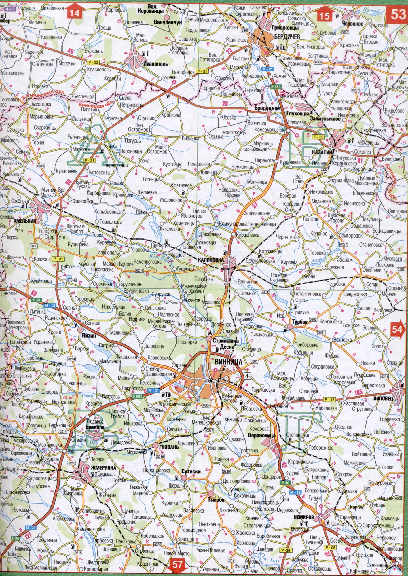 Map of Vinnitsa region of Ukraine. Detailed map of scale 1cm: 5000m Vinnytsia region. Download for free, B0 - Oak Maharintsy, Broad Boat, Bubbles, Berdichev, Tyutyunniki, Raygorod, Ivanopil