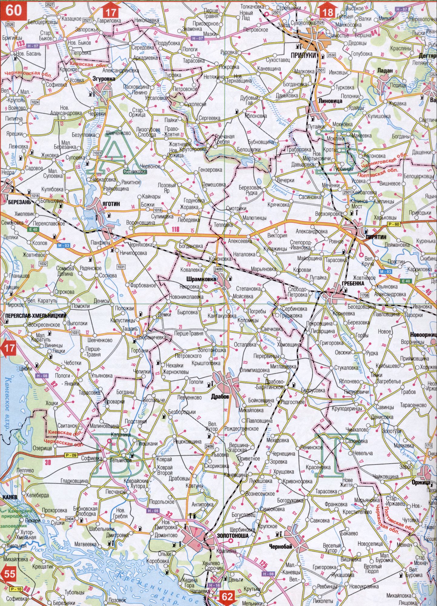 Map of Cherkasy region of Ukraine (regional center of Cherkassy). Download a detailed map of roads, B0 - Ros, Orzhica