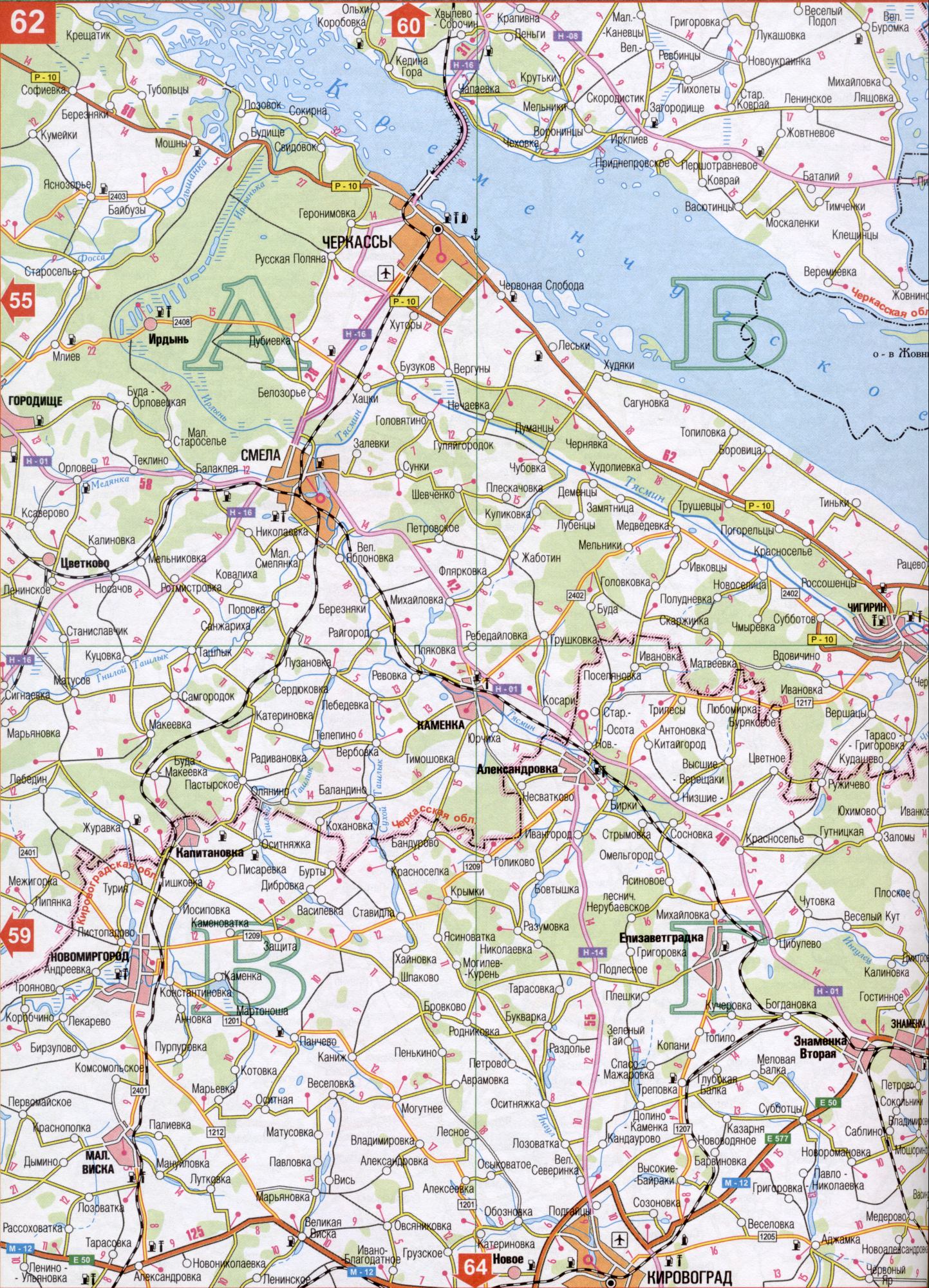 Karte von Tscherkassy Region der Ukraine (regionale Zentrum von Tscherkassy). Laden Sie eine detaillierte Karte von Straßen Irdyn, Tyasmin