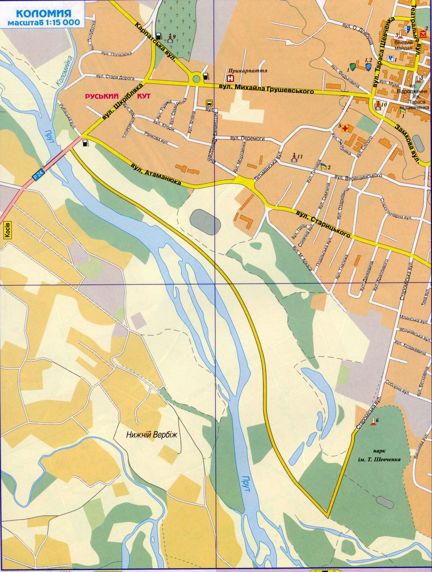 Karte Coloma undetailed, die Hauptstraßen g.Kolomyya Region Iwano-Frankiwsk Schema. Kostenlos herunterladen