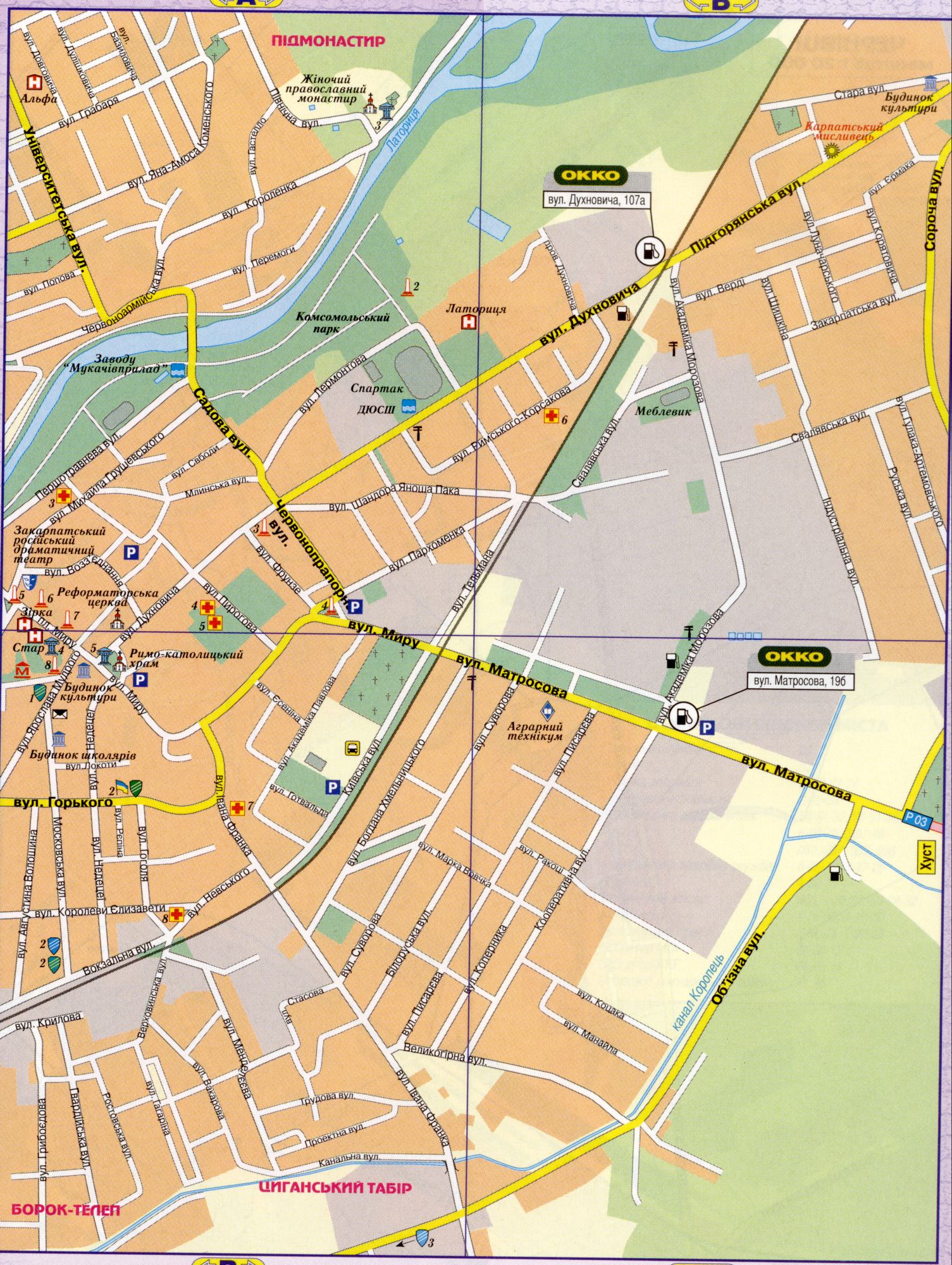 Mukachevo detaillierten Karte. Transkarpatien in der Ukraine, die Stadt Mukatschewo, Straßen, Skala - 1 cm bis 200 m. Frei, B0