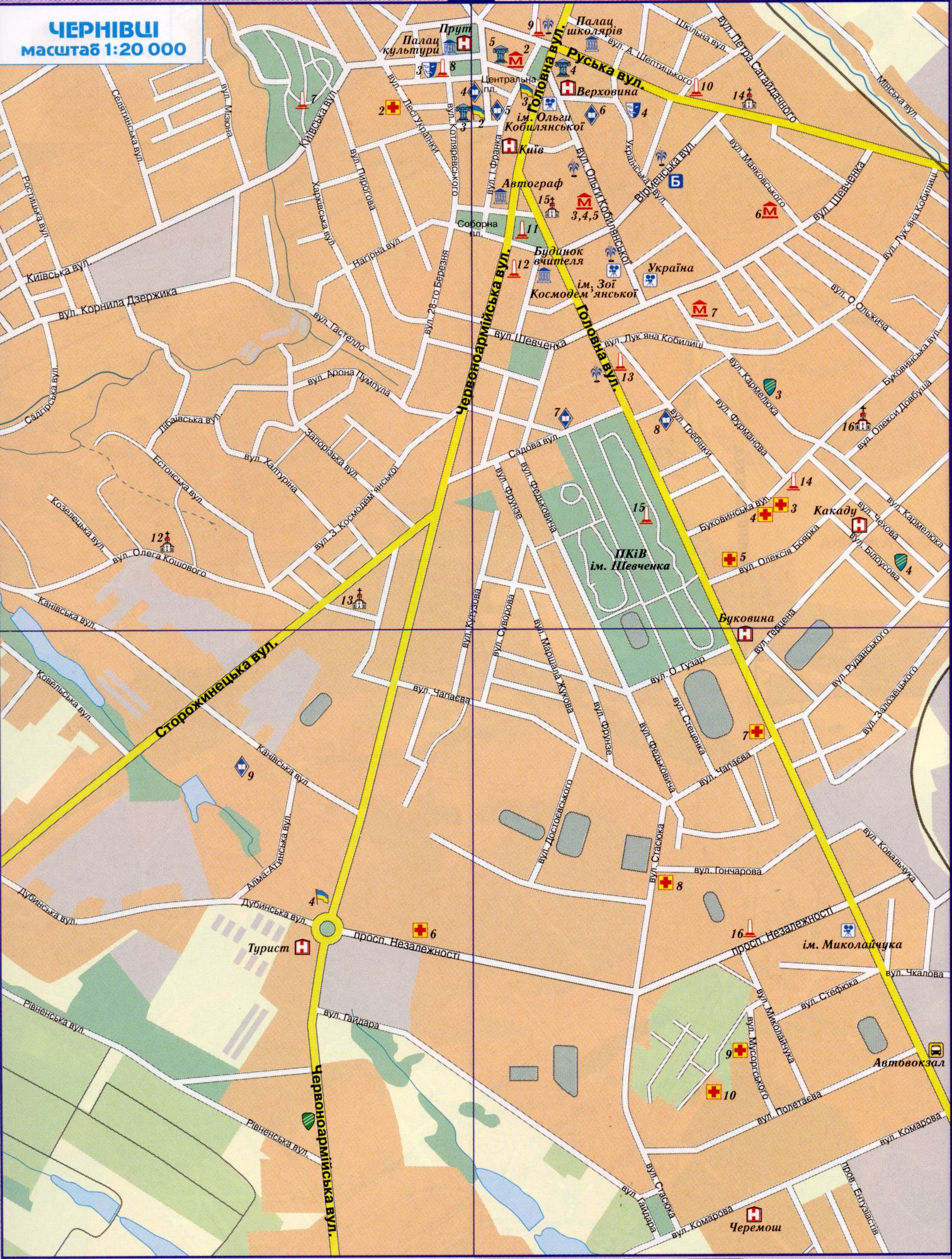 Karte von Czernowitz Details (Ukraine Stadt Czernowitz) 1 cm bis 200 m. Laden Sie eine detaillierte Karte von Straßen