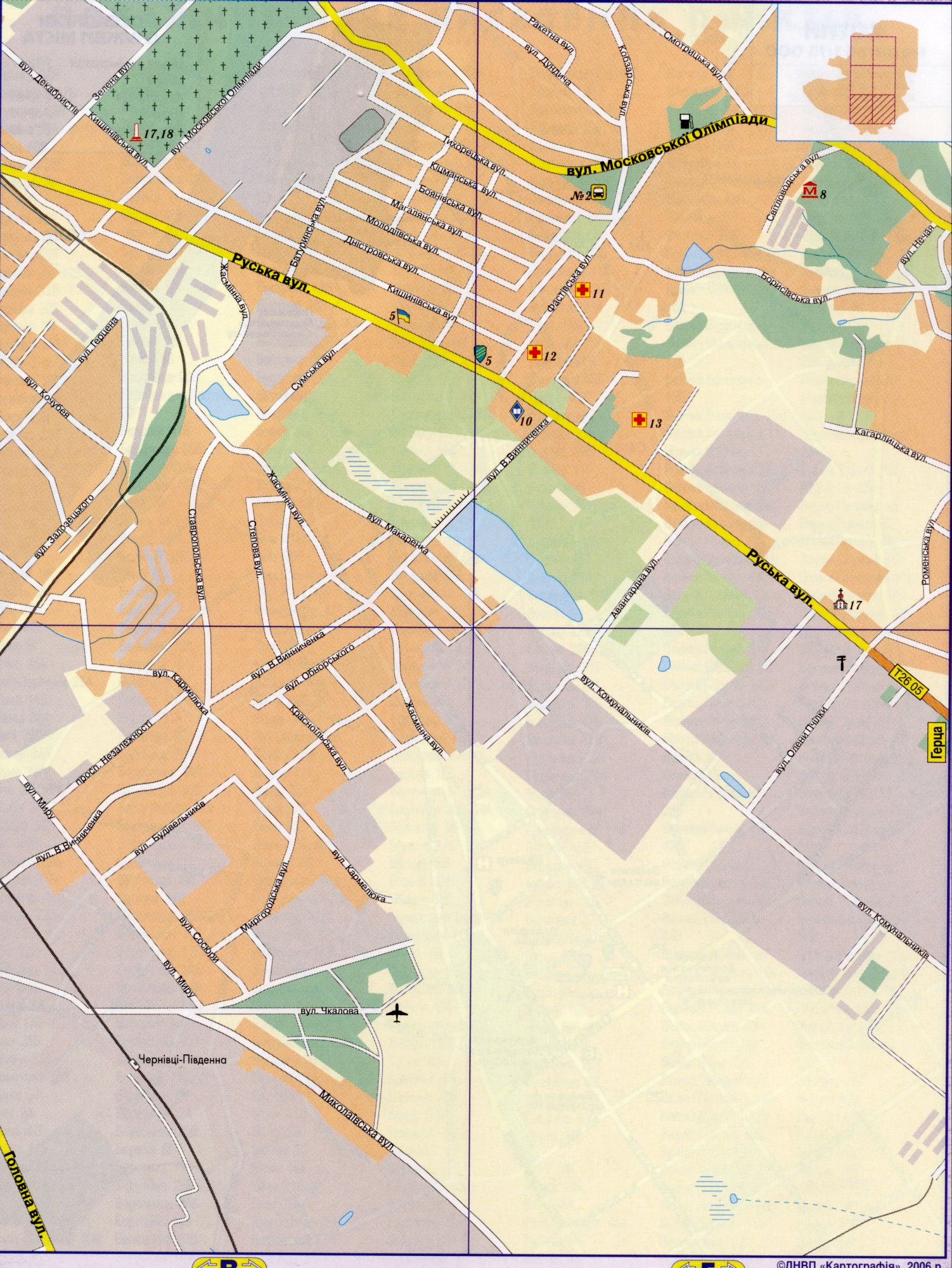 Map of Chernivtsi detailed (Ukraine city of Chernivtsi) in 1 cm 200 meters. Download a detailed map of highways, B0 - Moscow Olympics street