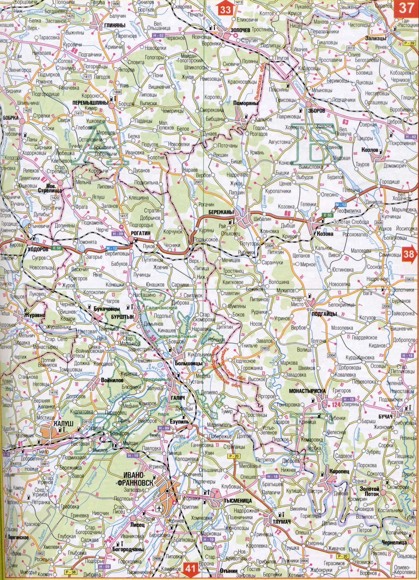 Carte de la région d'Ivano-Frankivsk de l'Ukraine. Télécharger une carte détaillée de l'automobile dorogreka Nistru