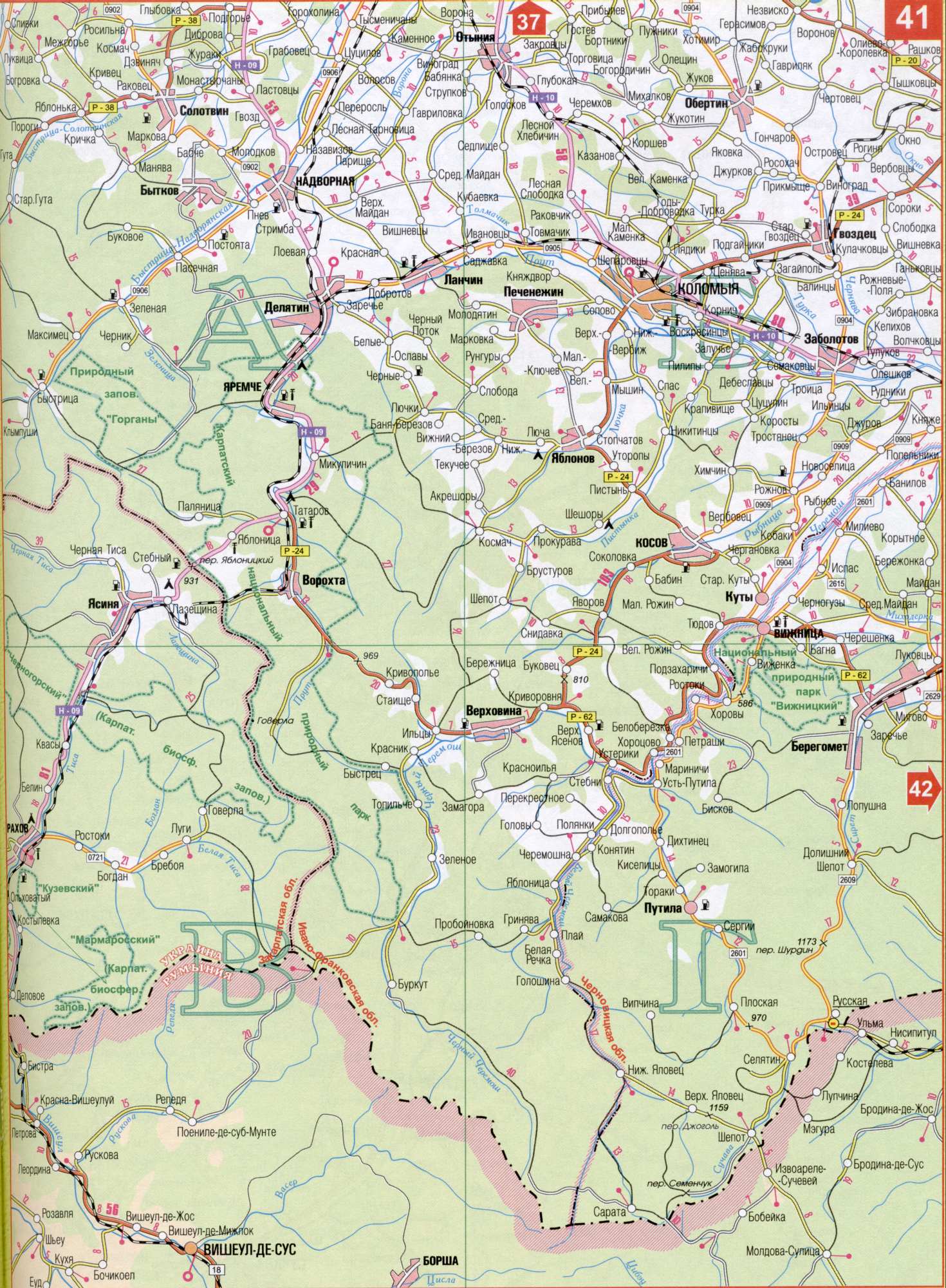 Map of Ivano-Frankivsk region of Ukraine. Download a detailed map of highways, A1 - Prut River
