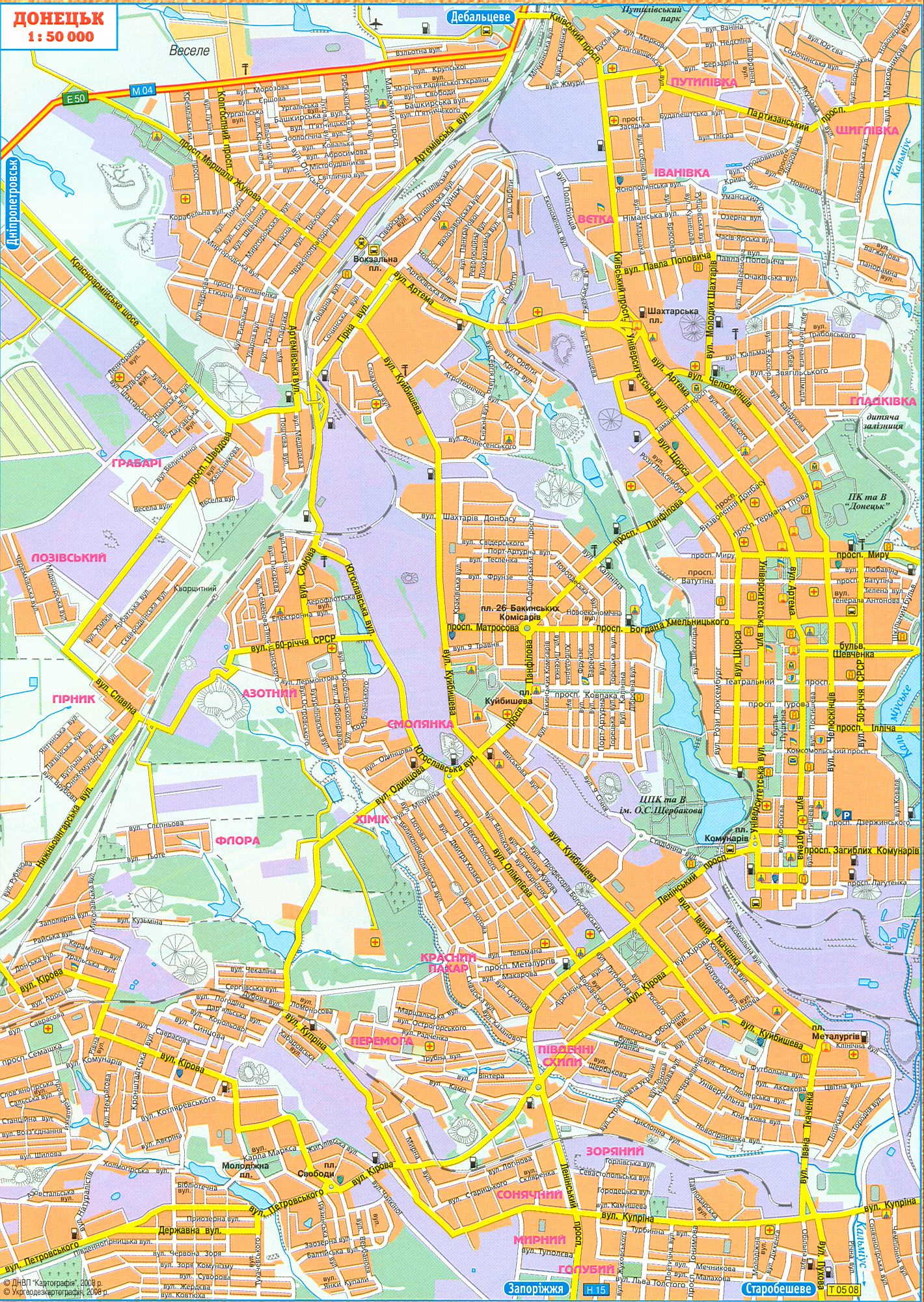 Map of Donetsk new 2008. Roads city of Donetsk - a map scale of 1cm: 500m. Download for free