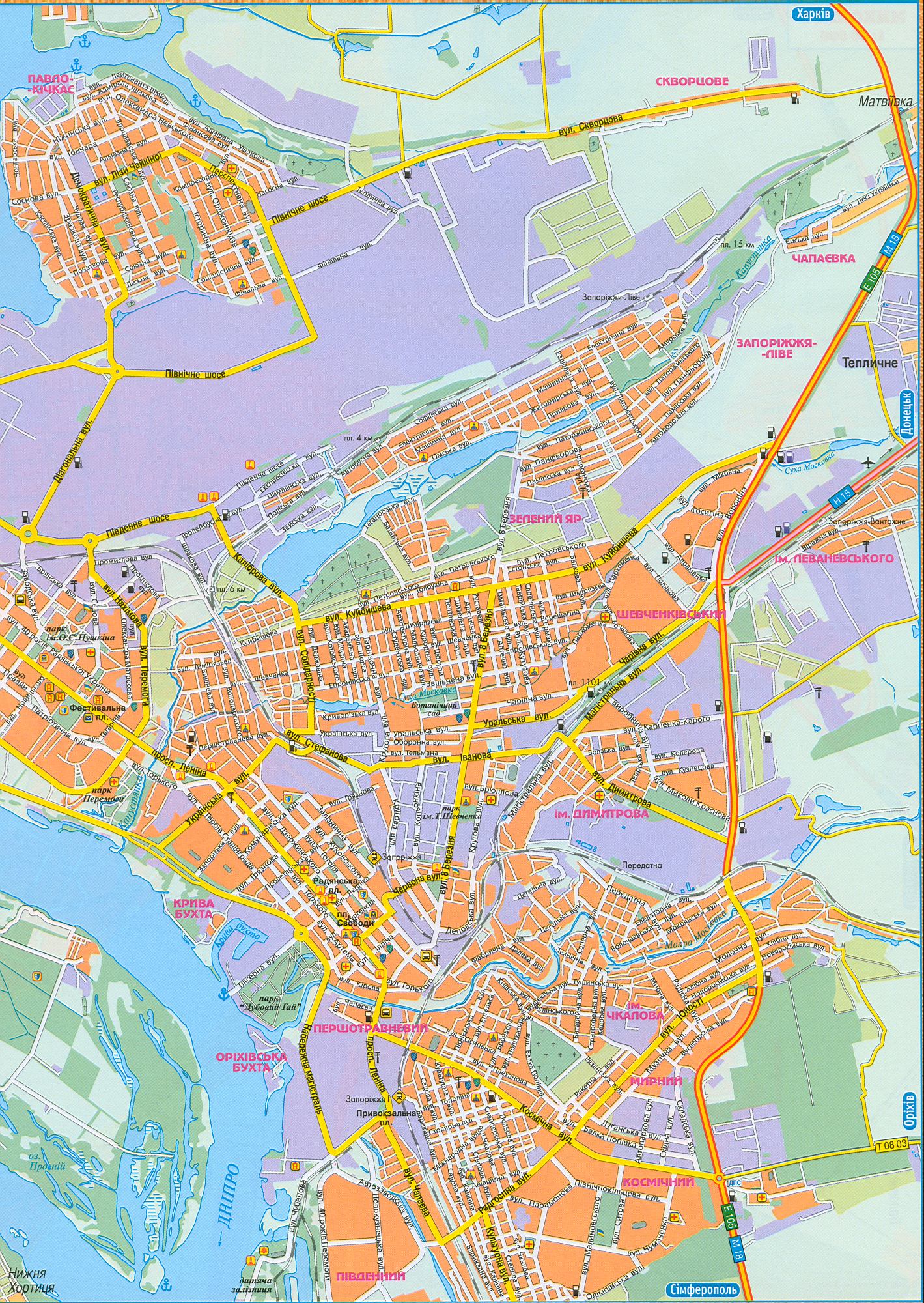 Карта Запорожья новая 2008г. Автомобильные дороги, схема транзита через город Запорожье. Скачать бесплатно, B0