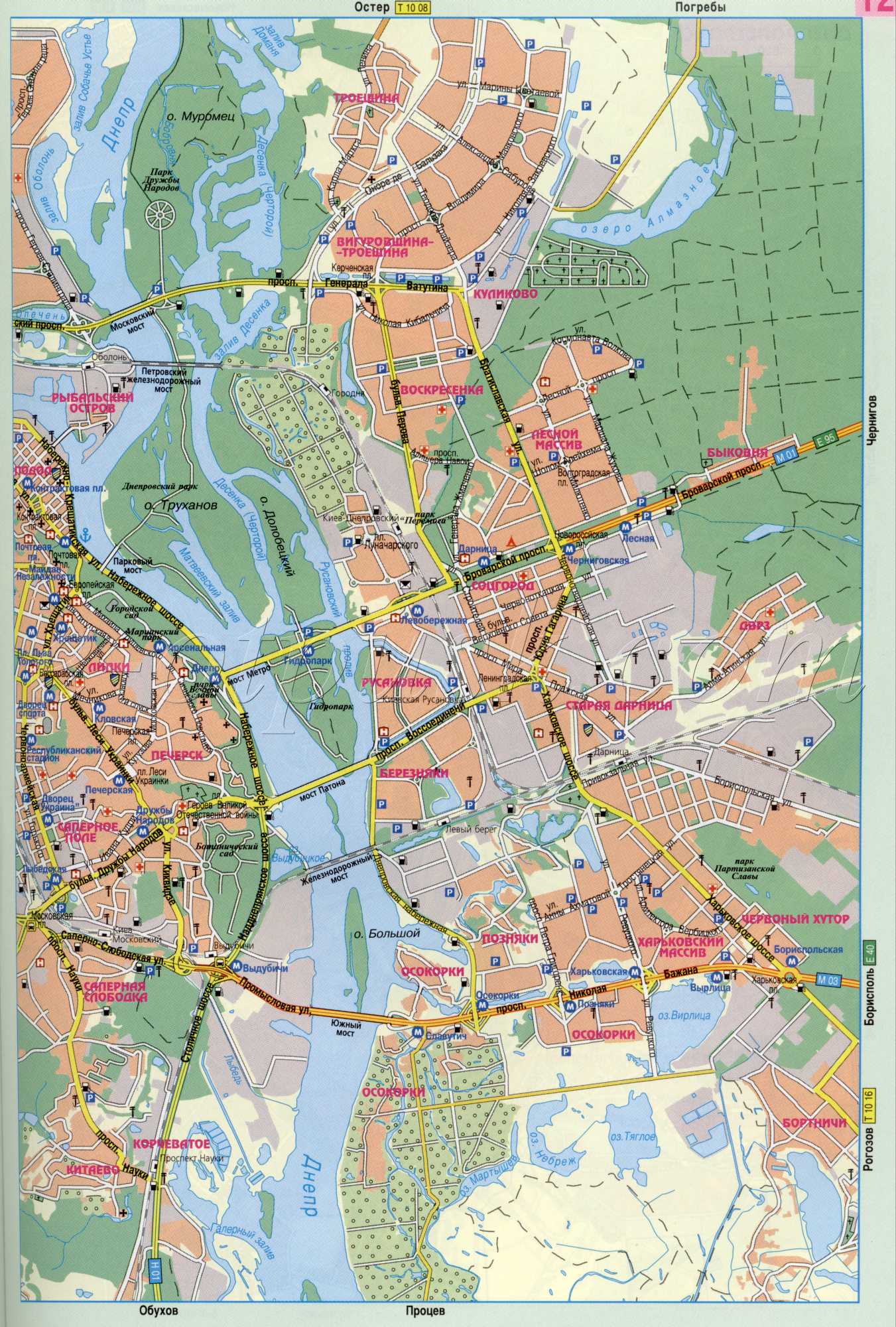 Karte von Kiew (die wichtigsten Straßen der ukrainischen Hauptstadt Kiew, öffentliche Verkehrsmittel). Laden Sie eine detaillierte Karte, B0