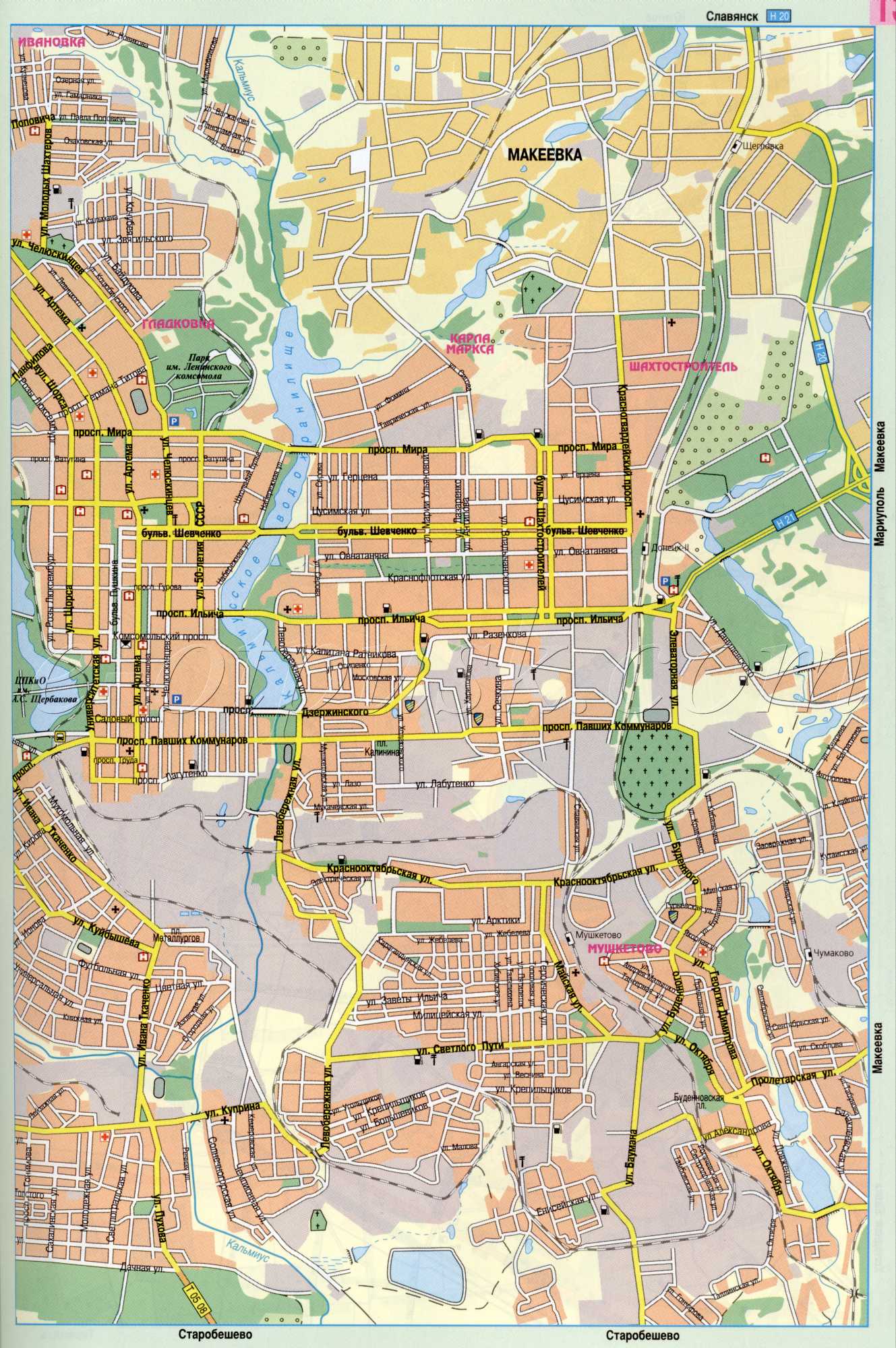 Carte de Donetsk. Car Donetsk carte de la ville (jusqu'en 1924 Yuzivka) sur une échelle de 1cm: 330m. Road Map téléchargement gratuit, B0