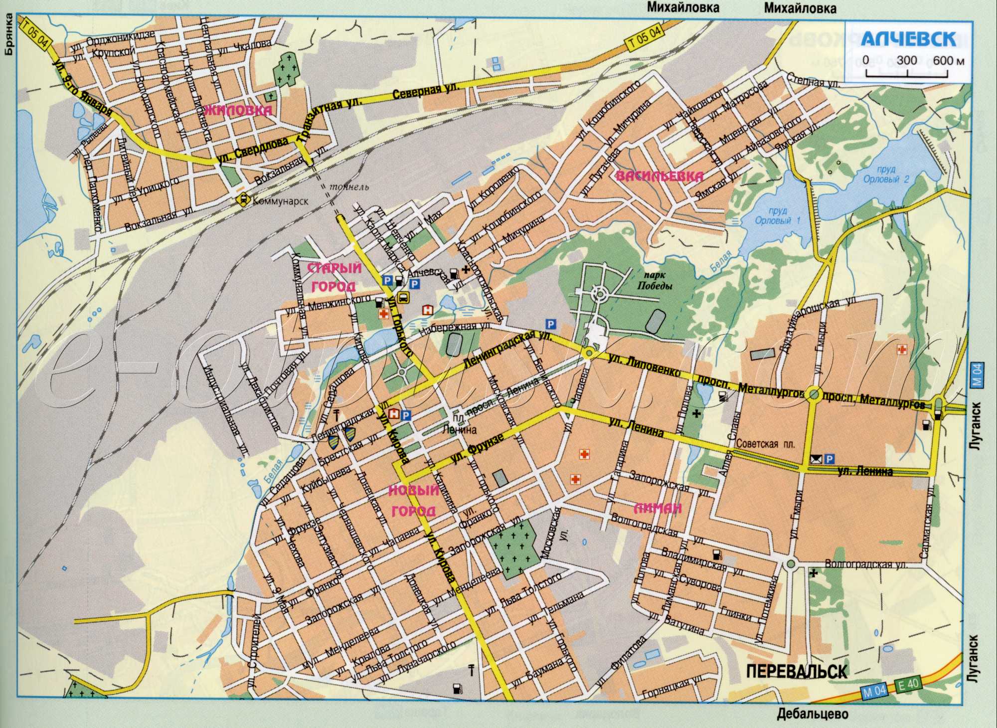 Alchevsk Karte. Auto Karte der Stadt Alchevsk (bis 1992 genannt Komunarskiy) Gebiet Lugansk in der Ukraine. kostenlos herunterladen