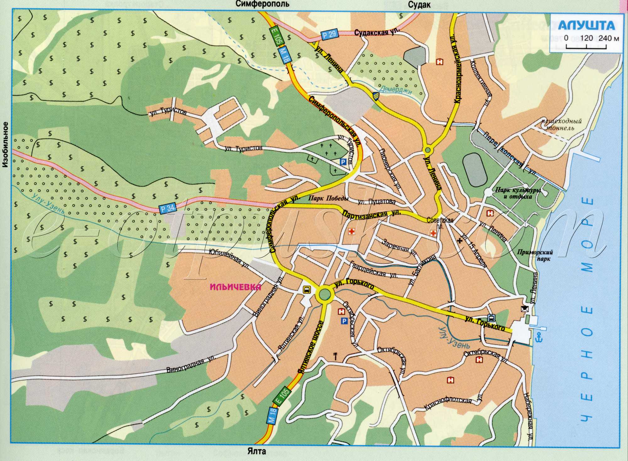 Map of Alushta. Map of auto roads of the city of Alushta, Crimea. download for free