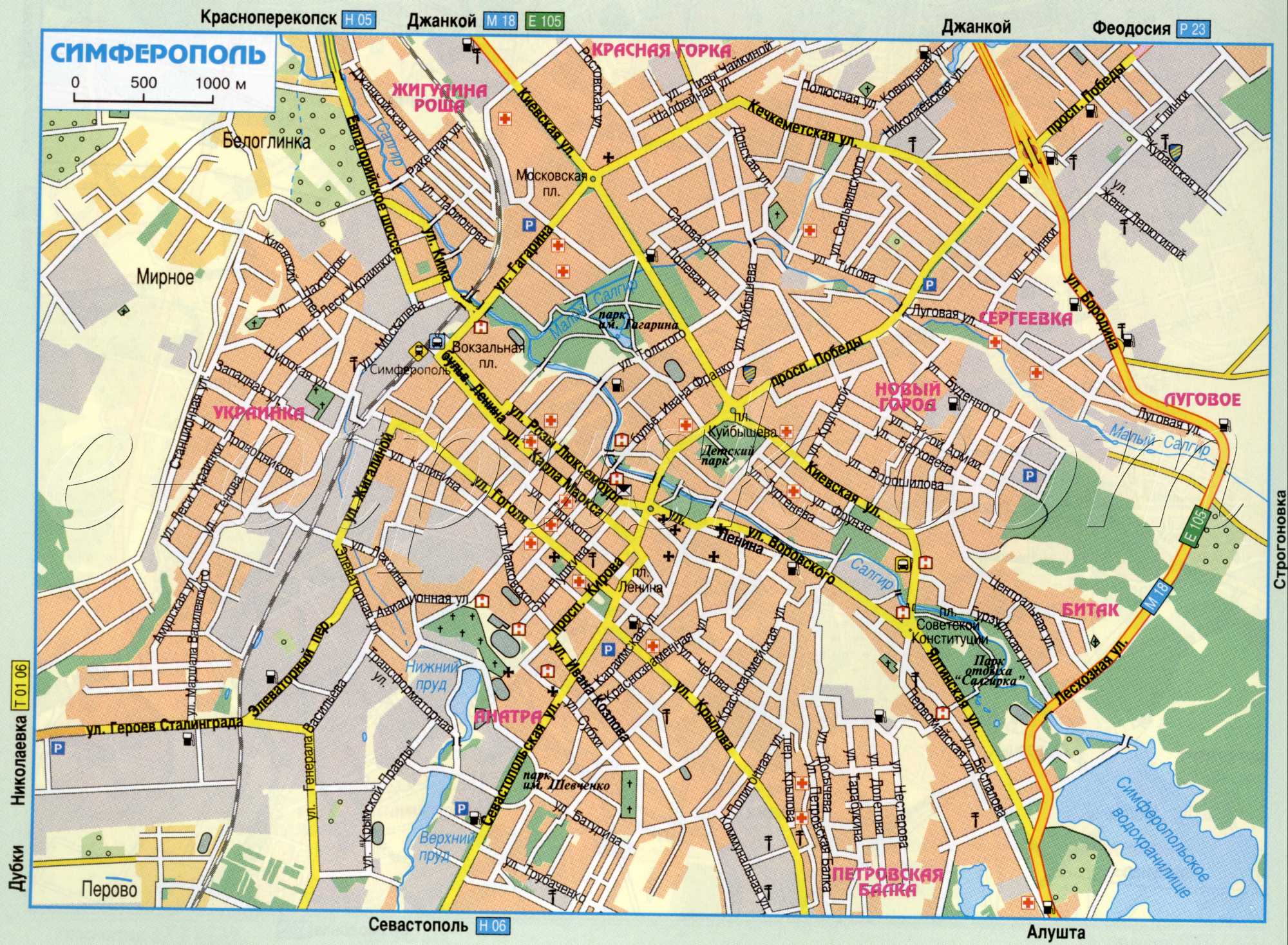 Map of Simferopol (Ukraine auto Dorgo city Simferopol Crimea). Detailed road map download for free