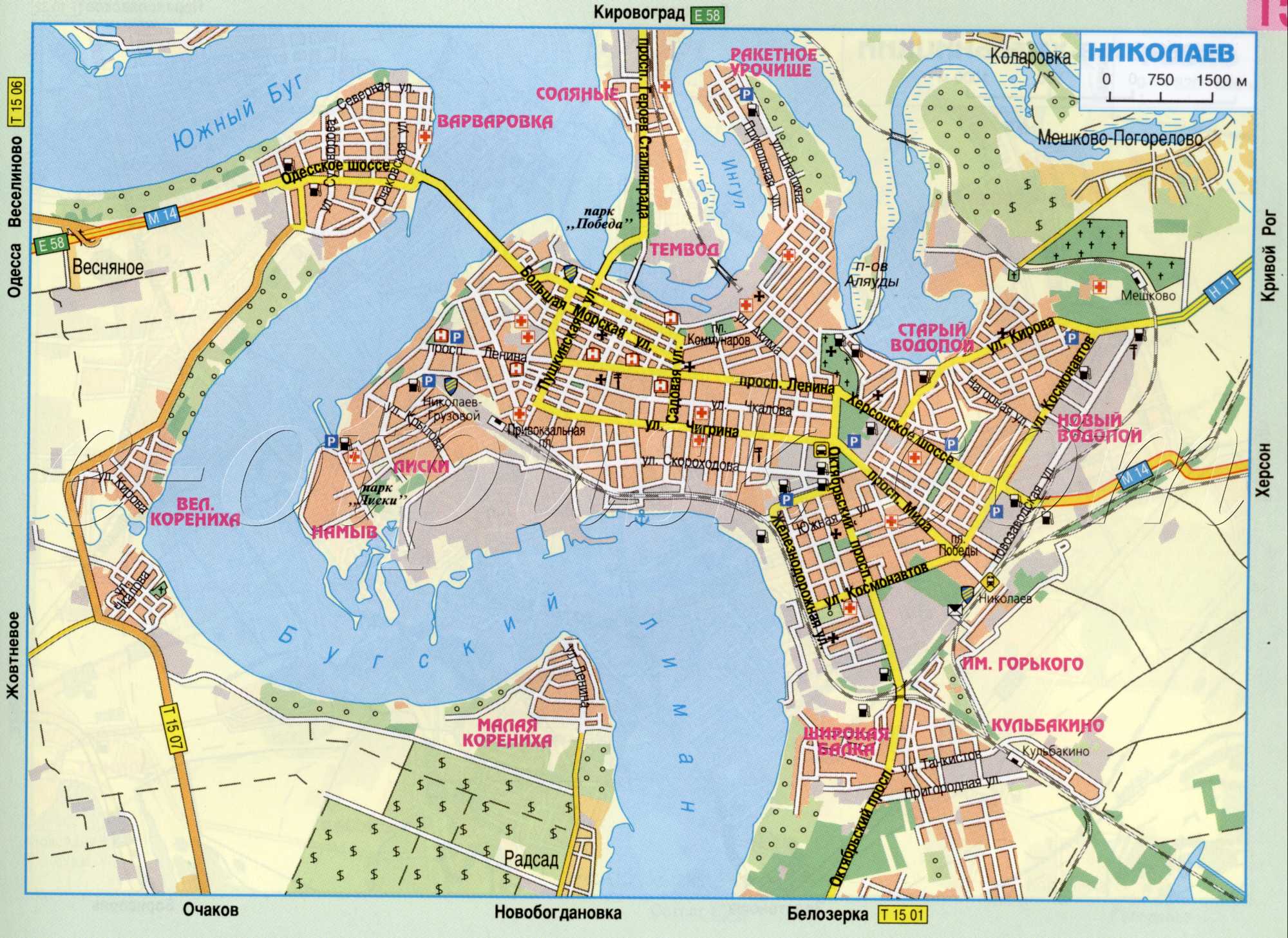 Карта Николаева. Карта автомобильных дорог города Николаева. 