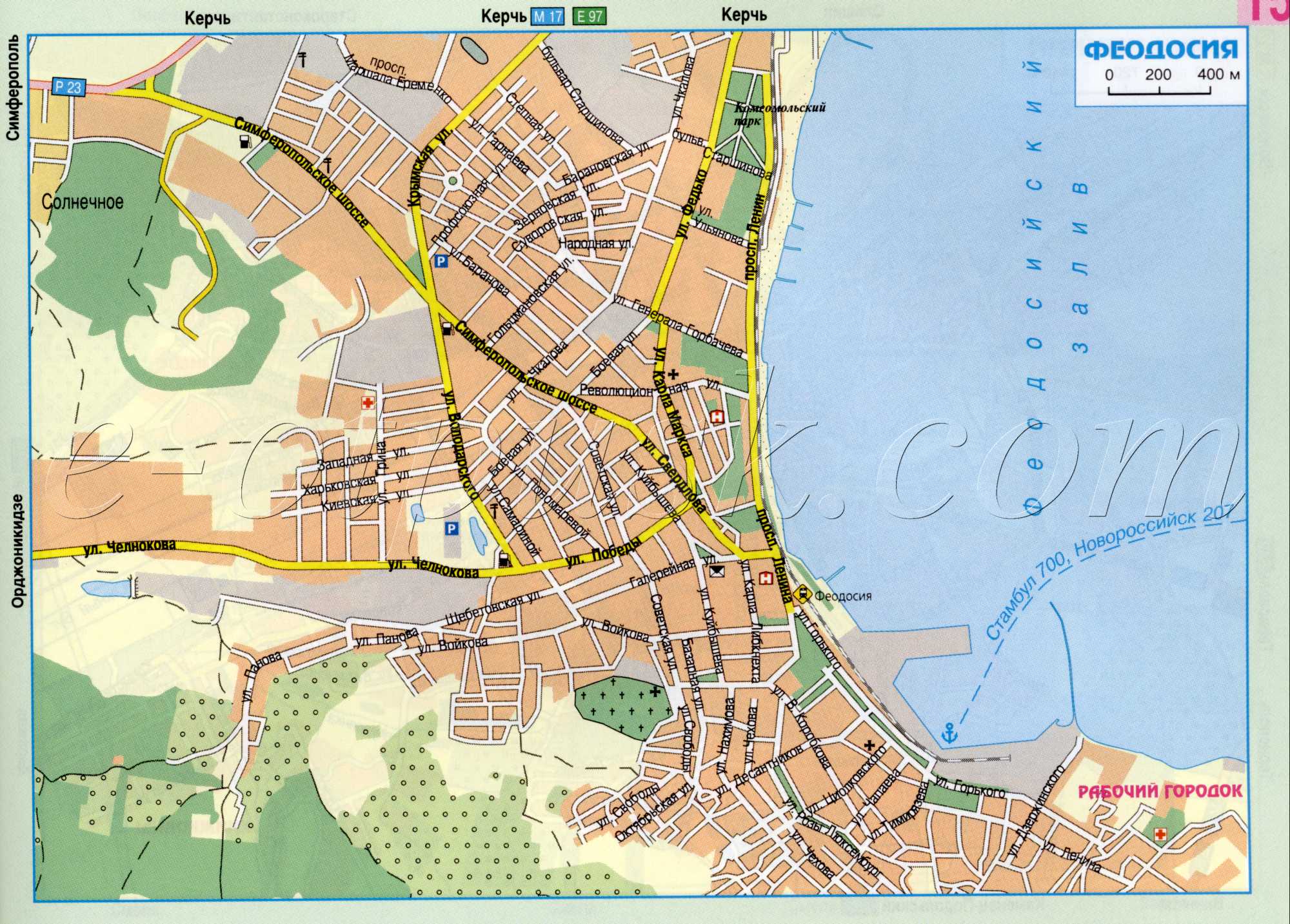 Map of Feodosiya. Major auto thoroughfares of the city Feodosia, Autonomous Republic of Crimea. download for free