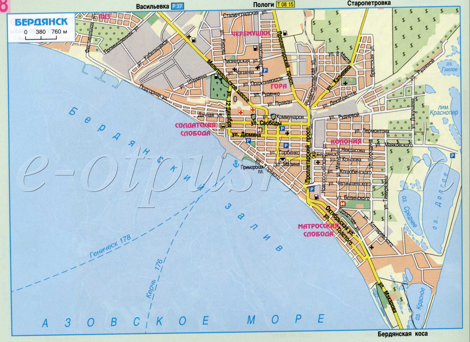 Map of Berdyansk. Map of the streets of Berdyansk, Zaporozhye region of Ukraine. download for free