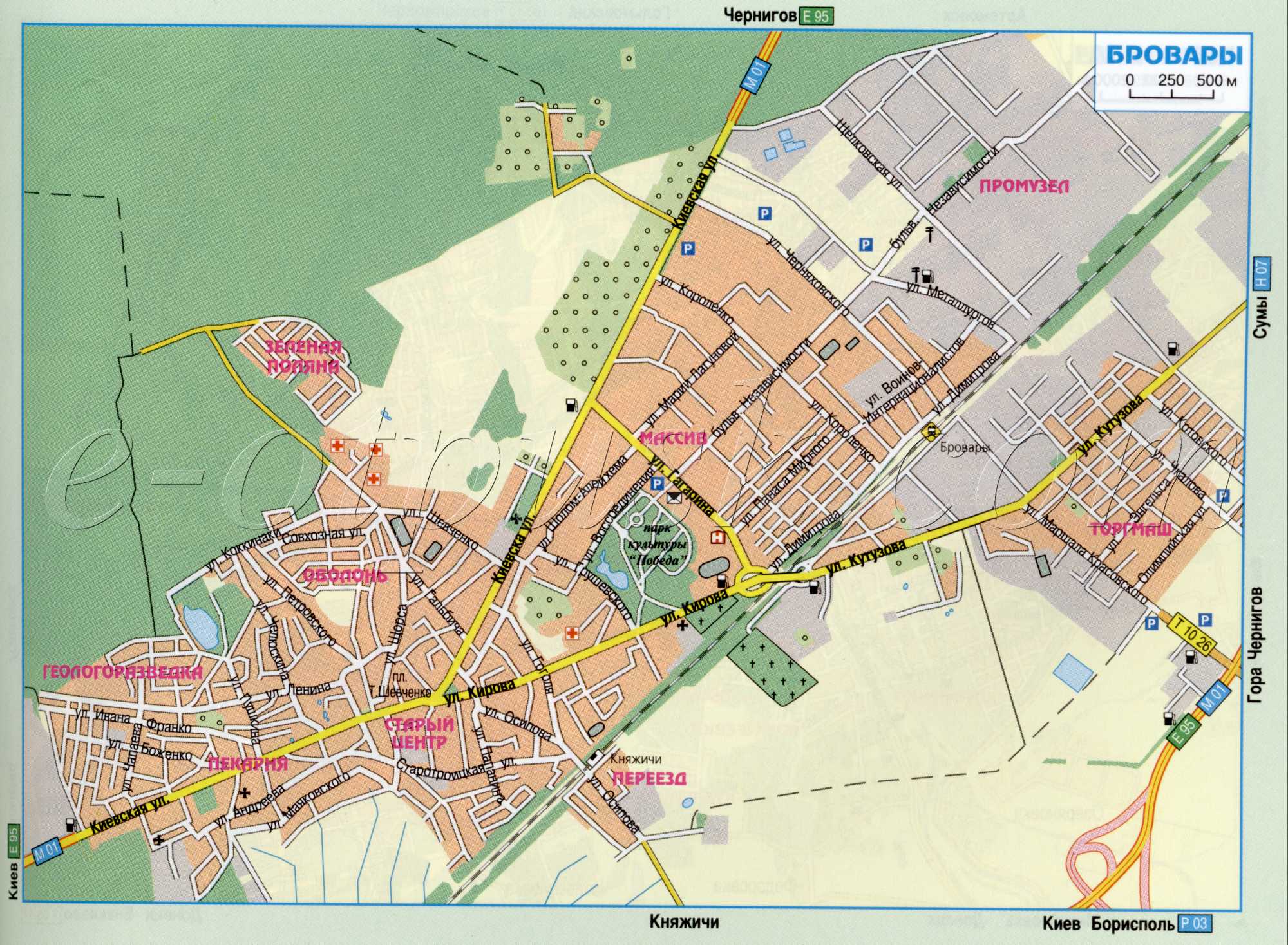 Brovary map. Schematic map of the main roads of the city Brovary, Kyiv region. Download the map