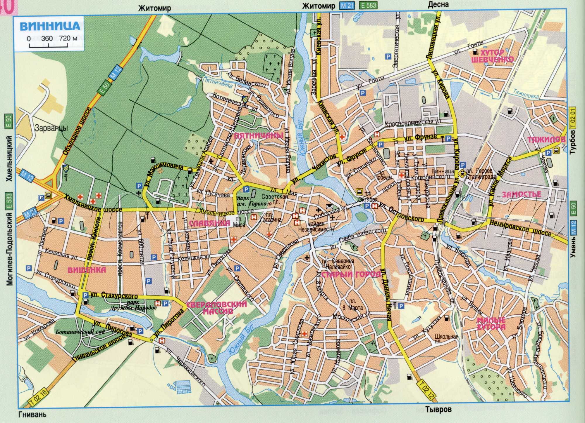 Map of Vinnitsa. Detailed map of the roads of Vinnitsa. Map of the scheme of Vinnitsa. Detailed road map download for free