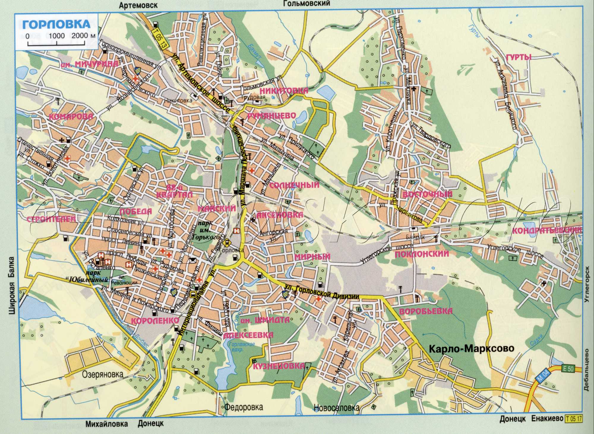 Gorlovka Karte. Auto-Kartensystem Straßen Region Gorlovka Donetsk. Kostenlos herunterladen