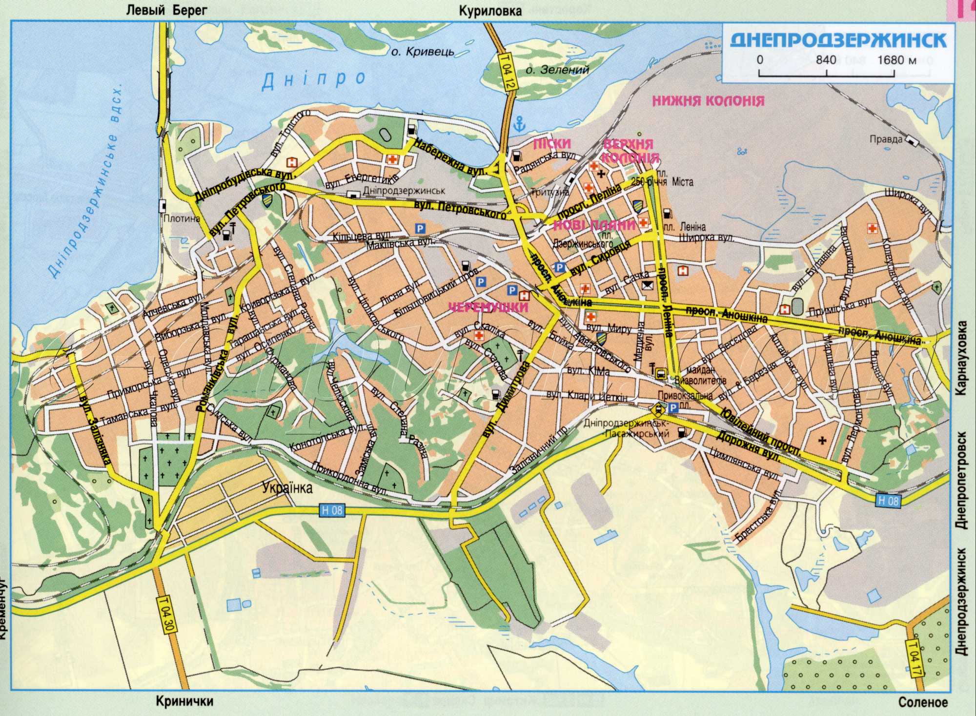 Map Dneprodzerzhinsk (until 1936 the city was called Kamenskoe) Dnipropetrovsk region. Download for free