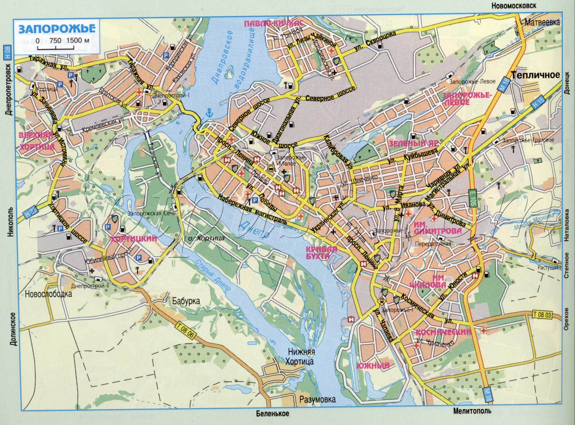 Zaporizhzhia Map (until 1921 the city was called Alexandrovsk). The main roads, the scale of 1cm: 750m. Download for free