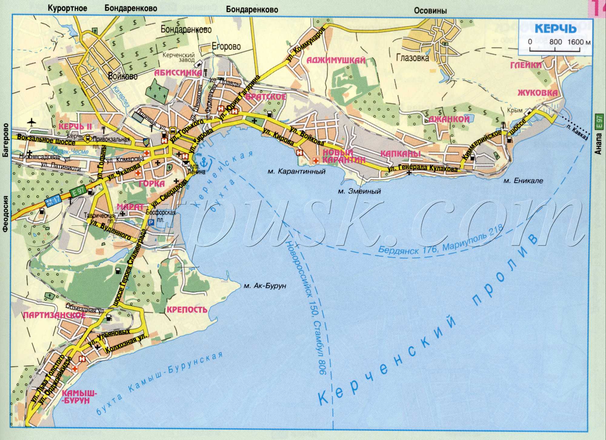 Kerch map. Autonomous Republic of Crimea, directions through the city of Kerch. download for free