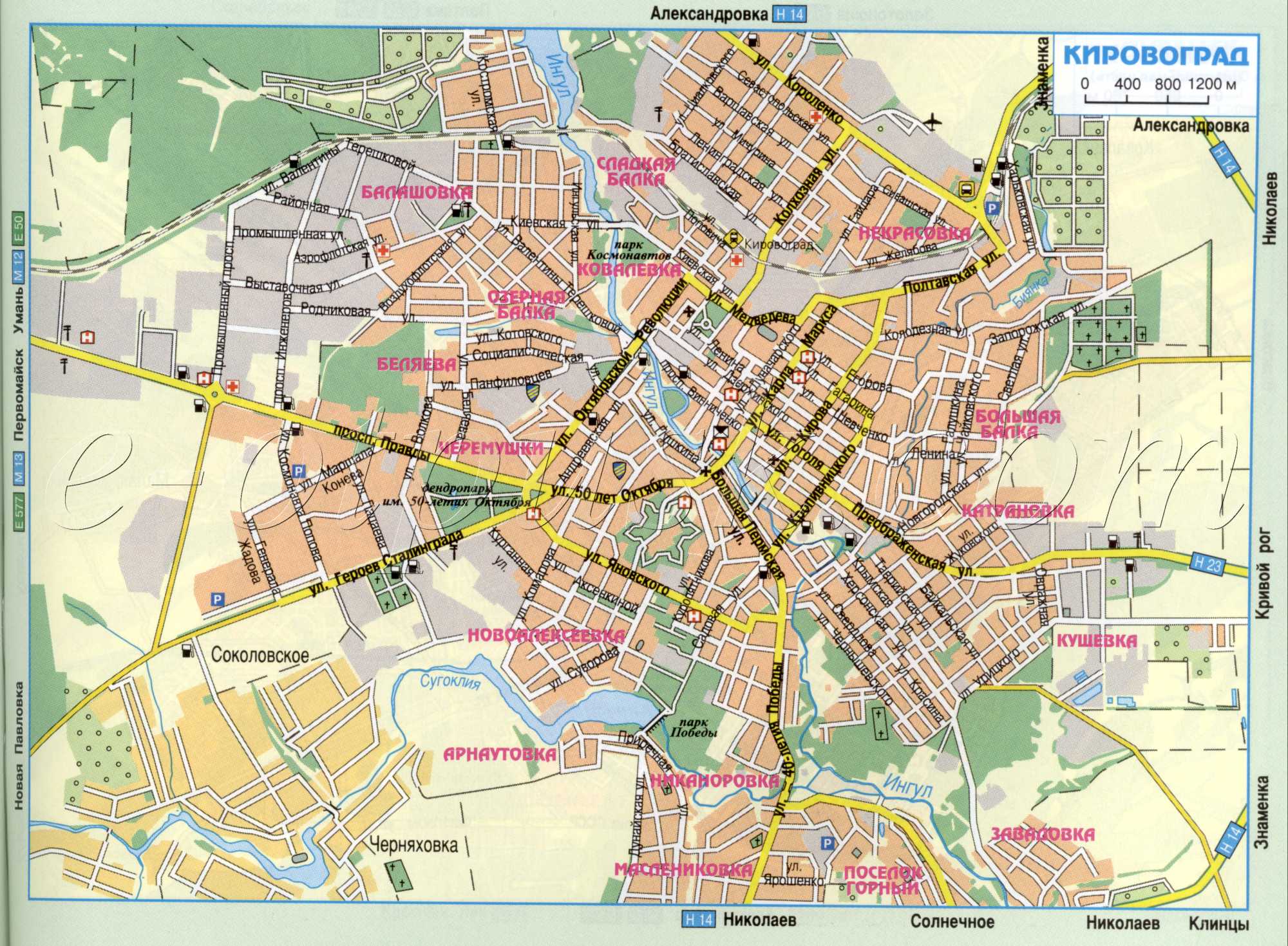 Карта Кіровограда - основні авто дороги обласного центру Кіровоградської обл. Завантажити безкоштовно