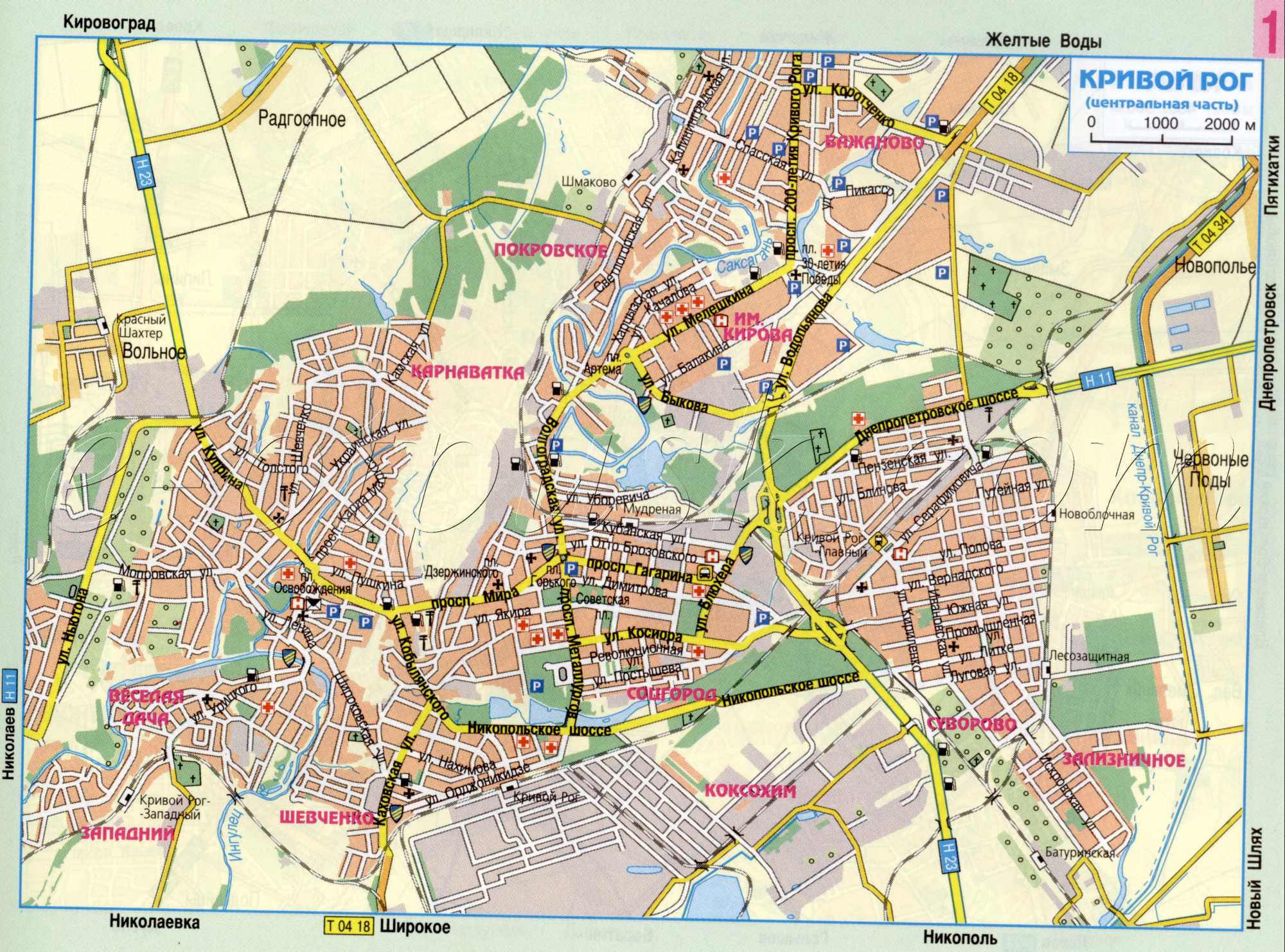 Karte von Kriwoj Rog, Gebiet Dnipropetrowsk. Straßenkarte die Route des Transits durch das Kriwoj Rog anzeigt. kostenlos herunterladen