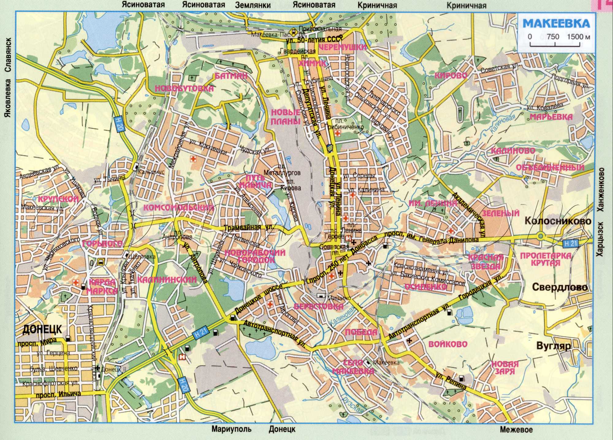 Карта Макіївки (основні авто дороги міста Макіївка Донецької обл в масштабі 1см: 750м). завантажити безкоштовно