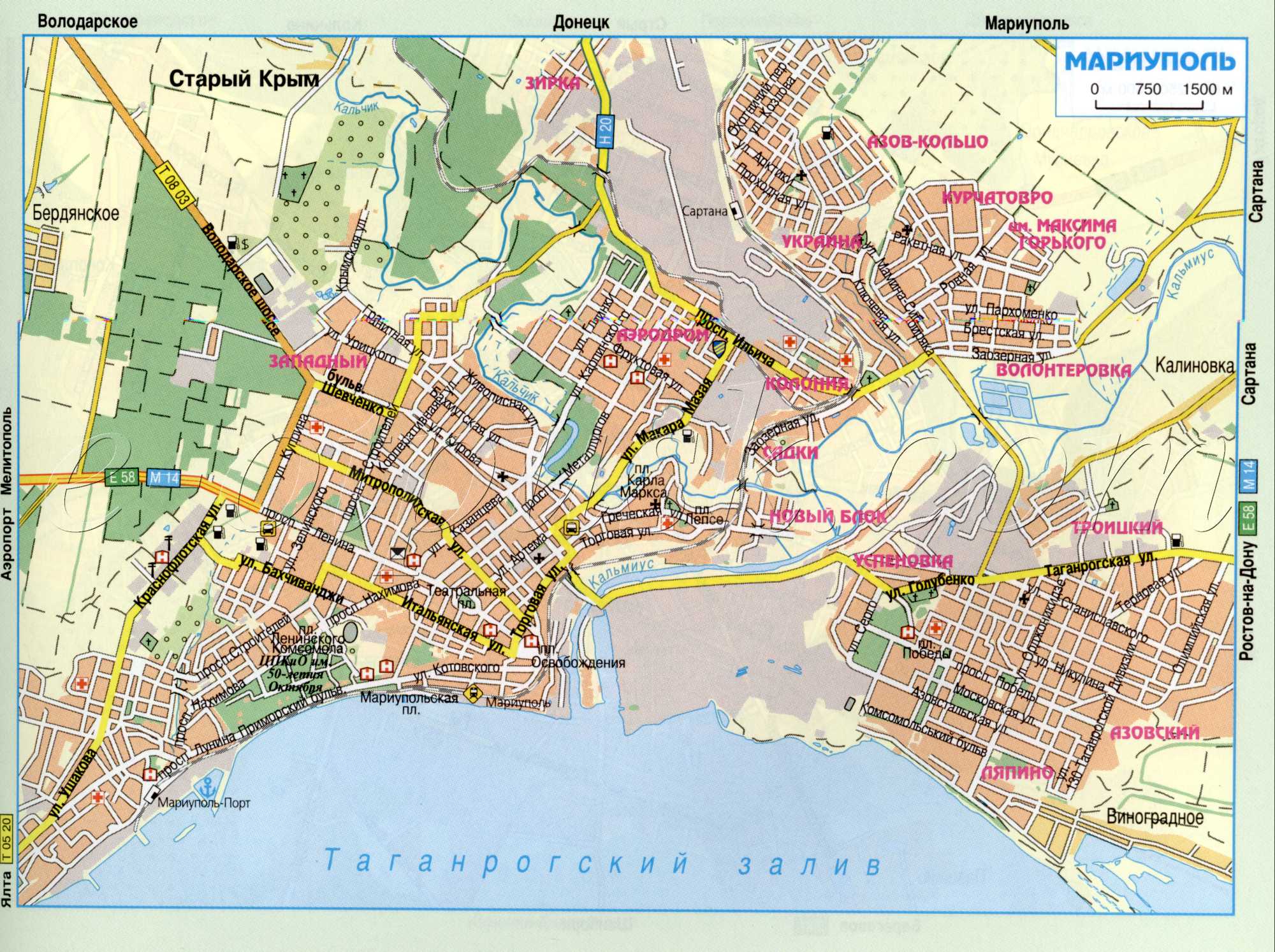 Karte von Mariupol (ex Zhdanov) aus dem Atlas von Autobahnen. Fahren Transit durch Mariupol, Gebiet Donezk. kostenlos herunterladen